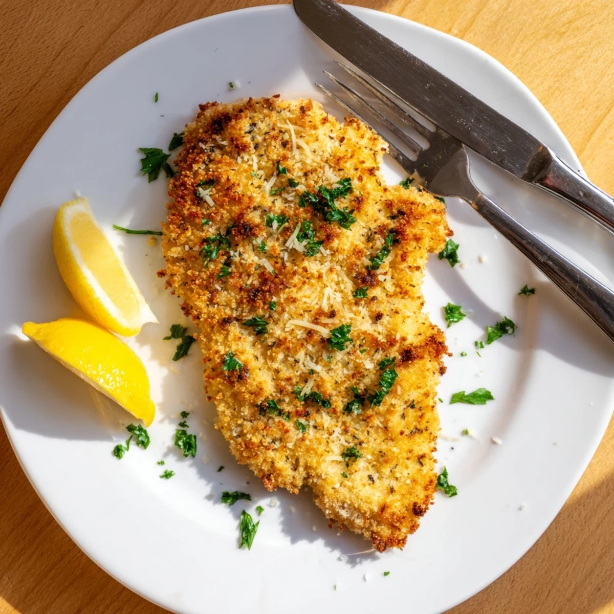Serving suggestion for Crispy Parmesan Chicken Cutlet with a side salad and lemon wedges on a rustic table.
