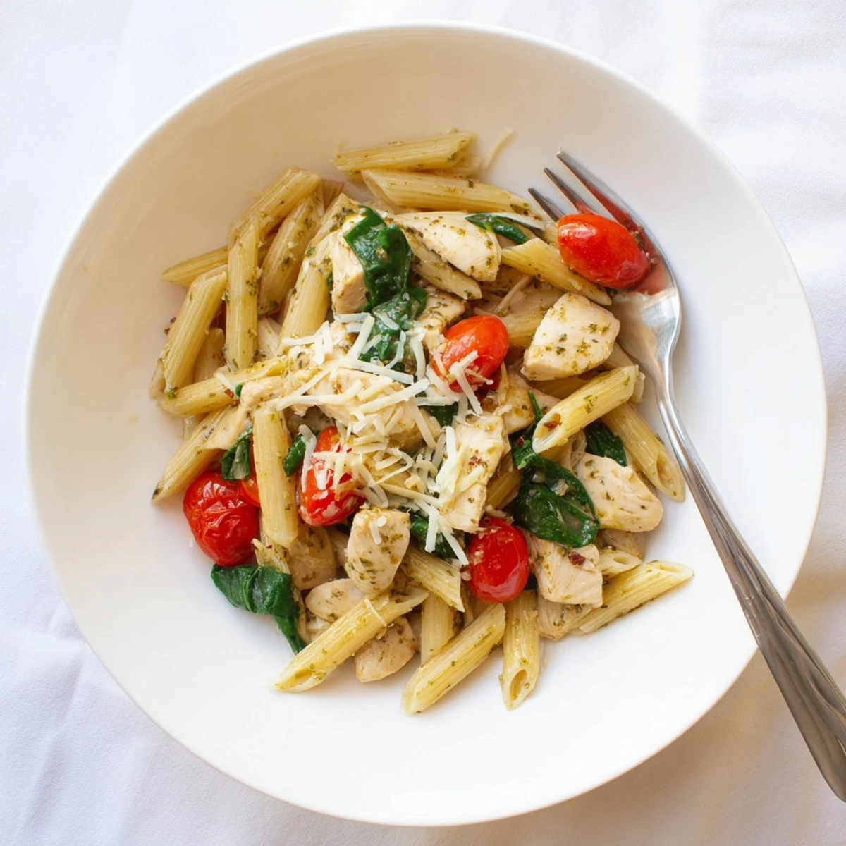 Steaming One-Pan Lemon Herb Pasta Chicken with tender chicken pieces and bright cherry tomatoes in a skillet.  