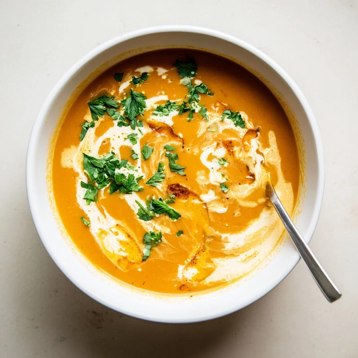 A steaming bowl of Carrot-Based Creamy Soup garnished with fresh chives and a swirl of cream.