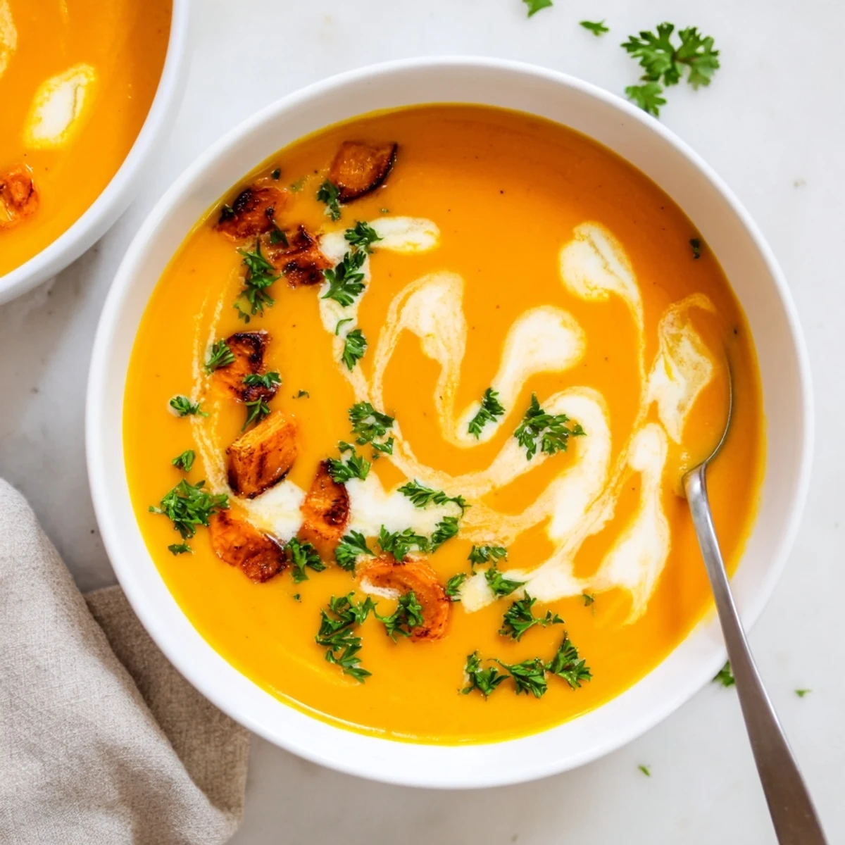 Roasted carrots and ginger blend into a bright orange, glossy Carrot-Based Creamy Soup in a rustic bowl.