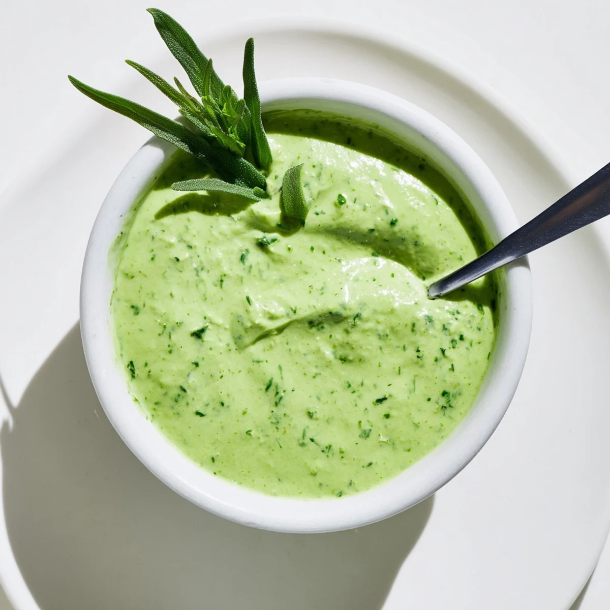 Bright green Green Goddess Dressing in a glass jar, surrounded by crisp salad greens and fresh herb sprigs for serving.
