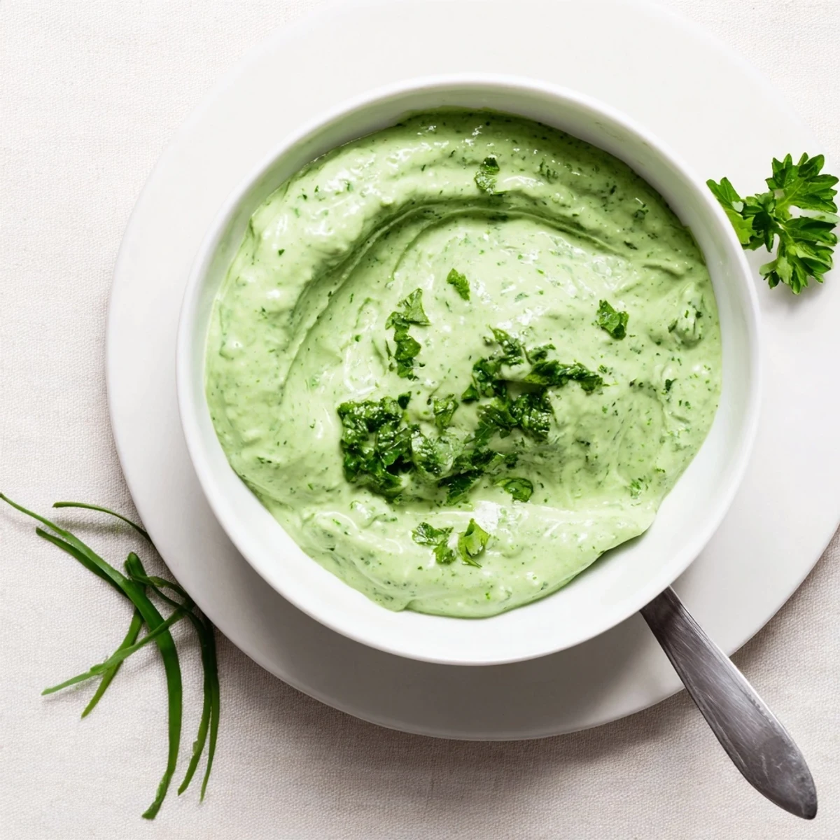 Fresh, creamy Green Goddess Dressing in a bowl, garnished with chopped chives and served with crunchy vegetable sticks.