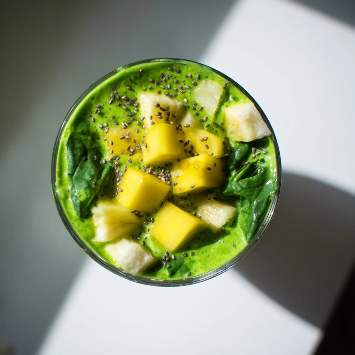 A tall glass of spinach-hidden smoothie, featuring vibrant green liquid topped with a mango slice, ready for a healthy breakfast.  
