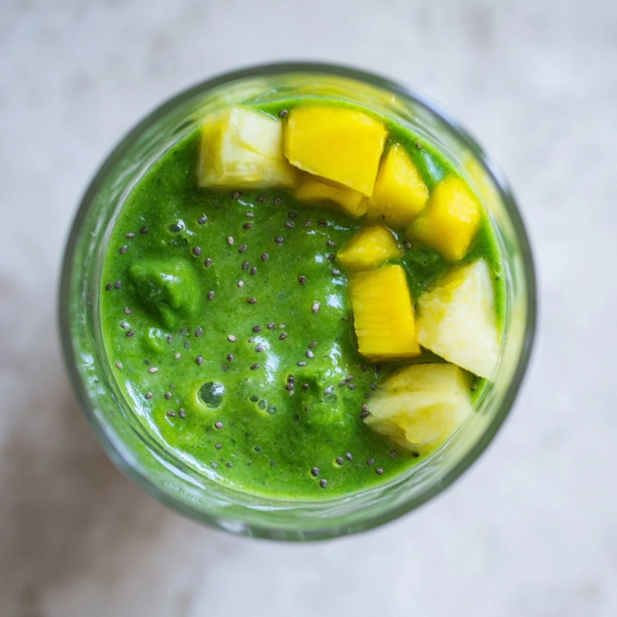 Frozen mango and pineapple blend into a creamy spinach-hidden smoothie, served in a clear glass with a fresh garnish.