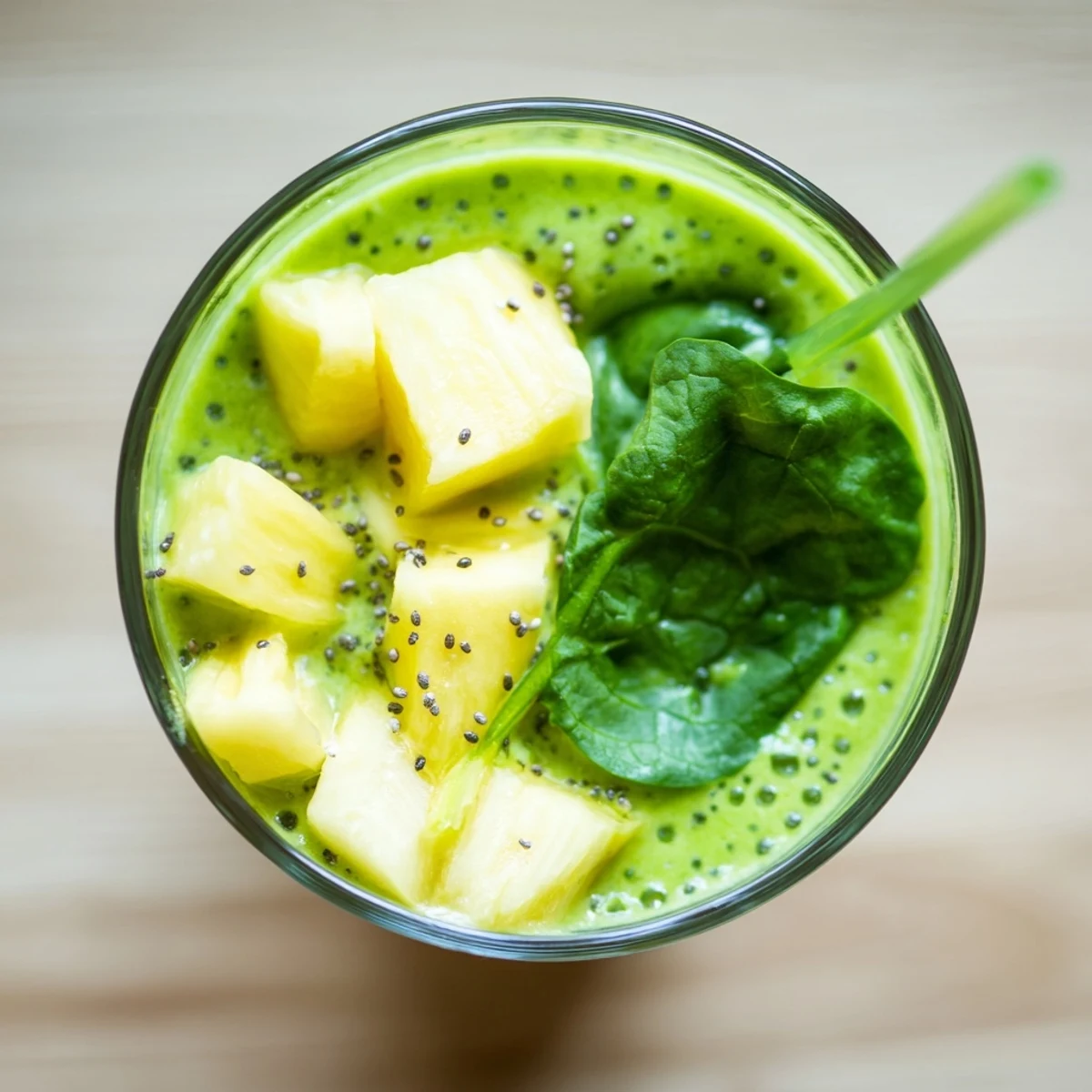 This spinach-hidden smoothie in a frosted glass garnished with chia seeds offers a refreshing, nutrient-packed vegan beverage option.  