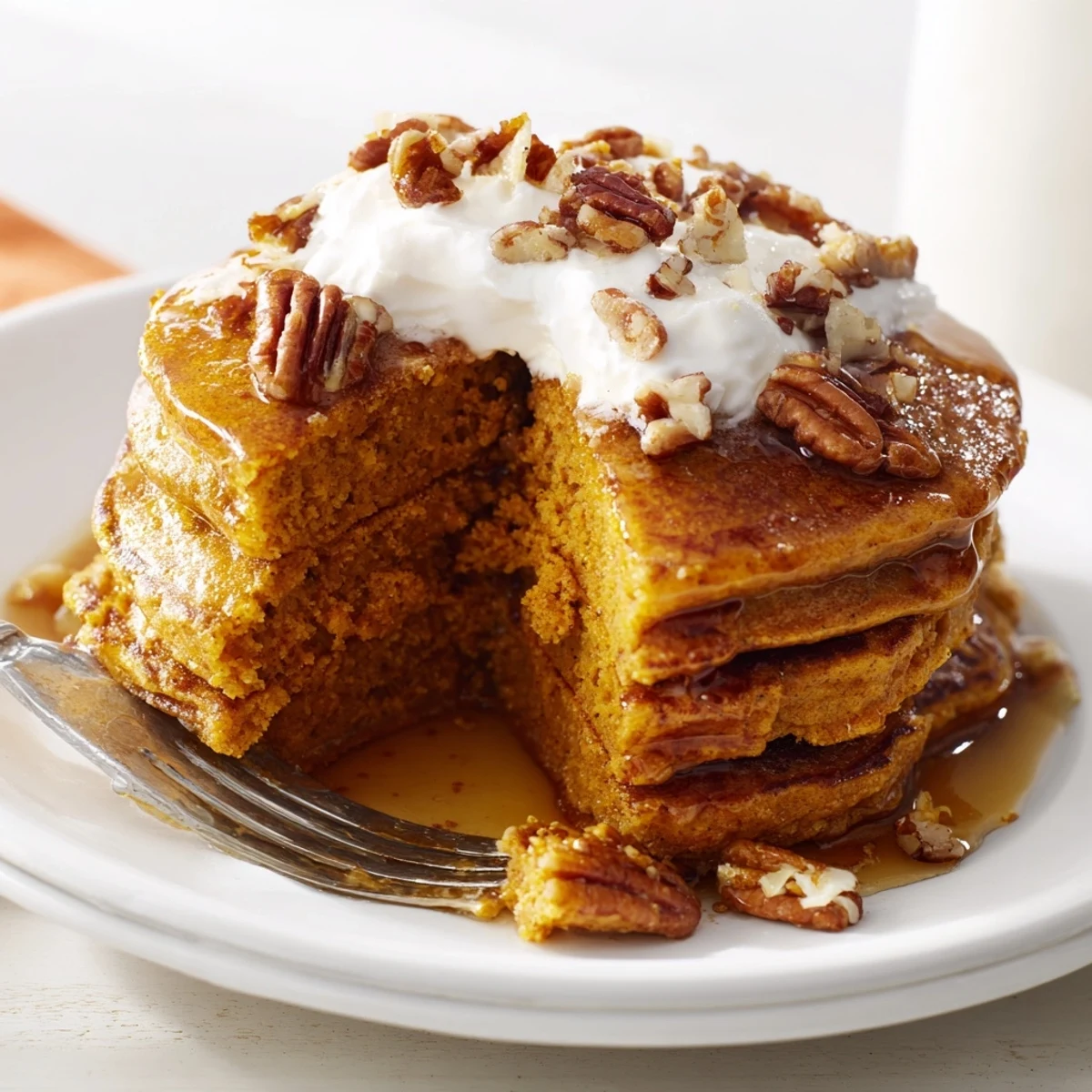 Golden-brown Pumpkin Spice Pancakes stacked high, drizzled with maple syrup and topped with a pat of butter.