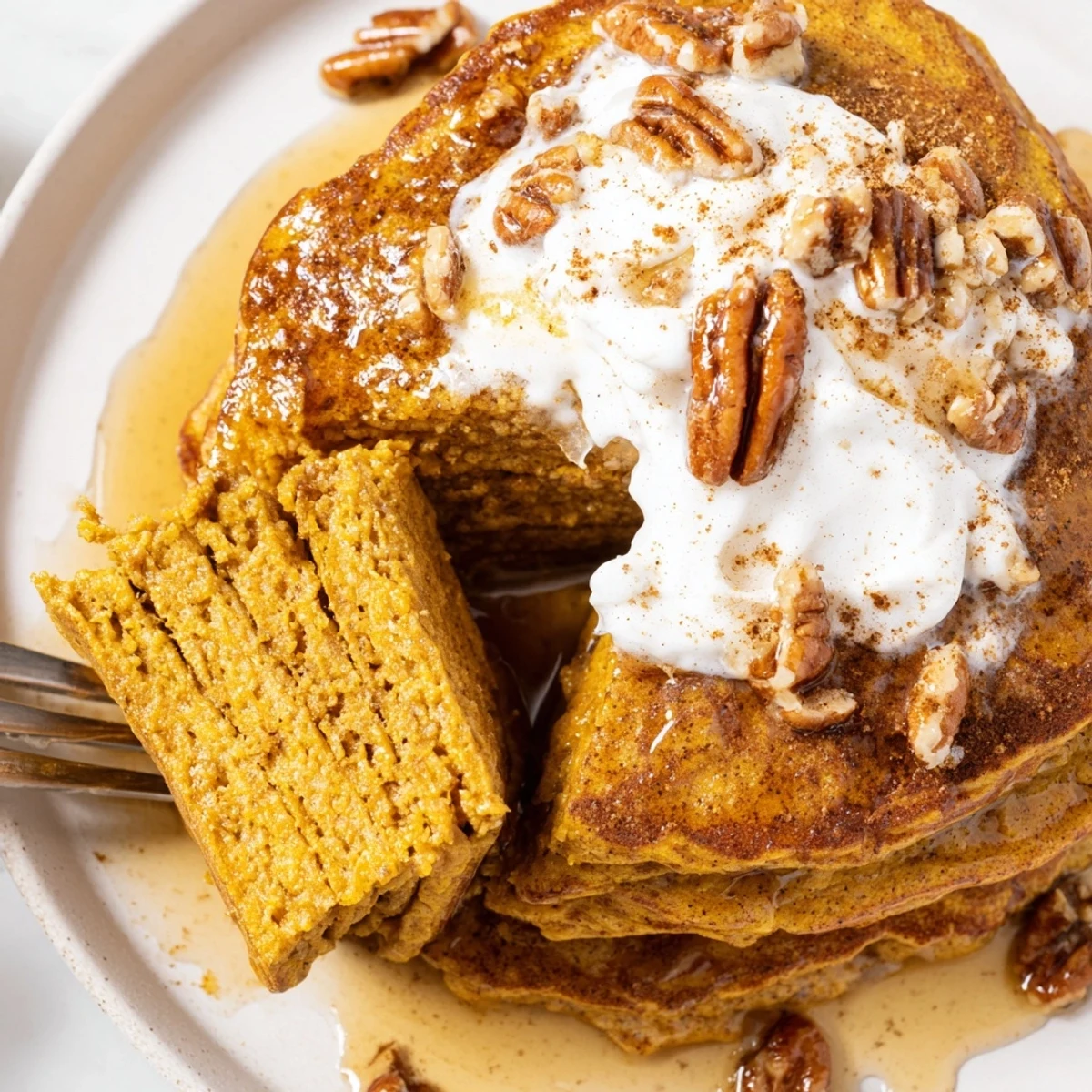 A close-up of fluffy Pumpkin Spice Pancakes sizzling on a griddle with steam rising from the batter.