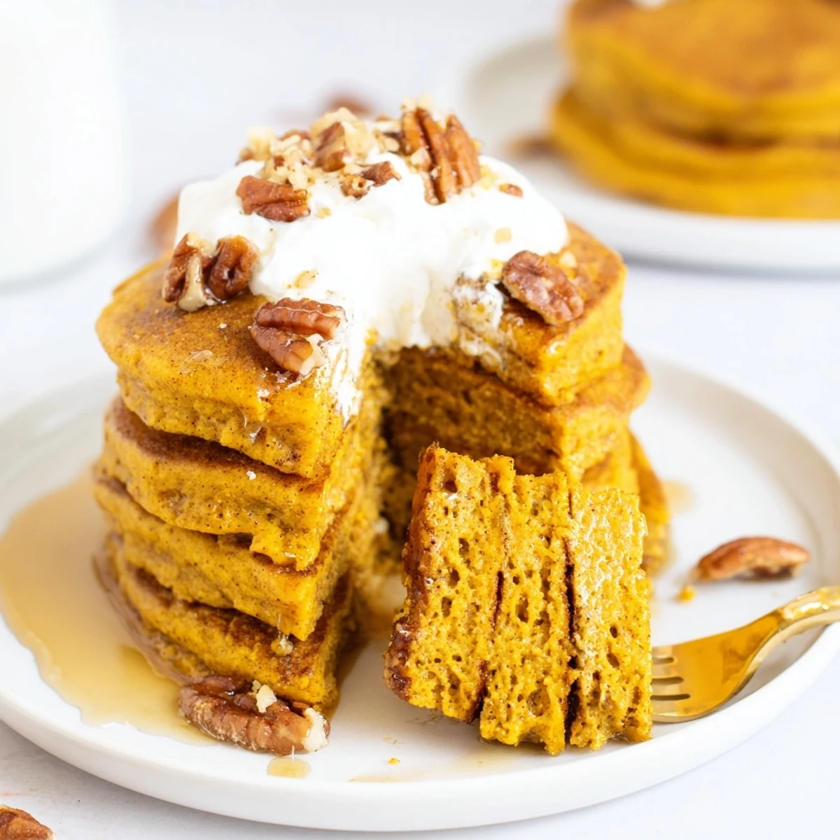 Serving platter of warm Pumpkin Spice Pancakes garnished with whipped cream, chopped pecans, and cinnamon dust.