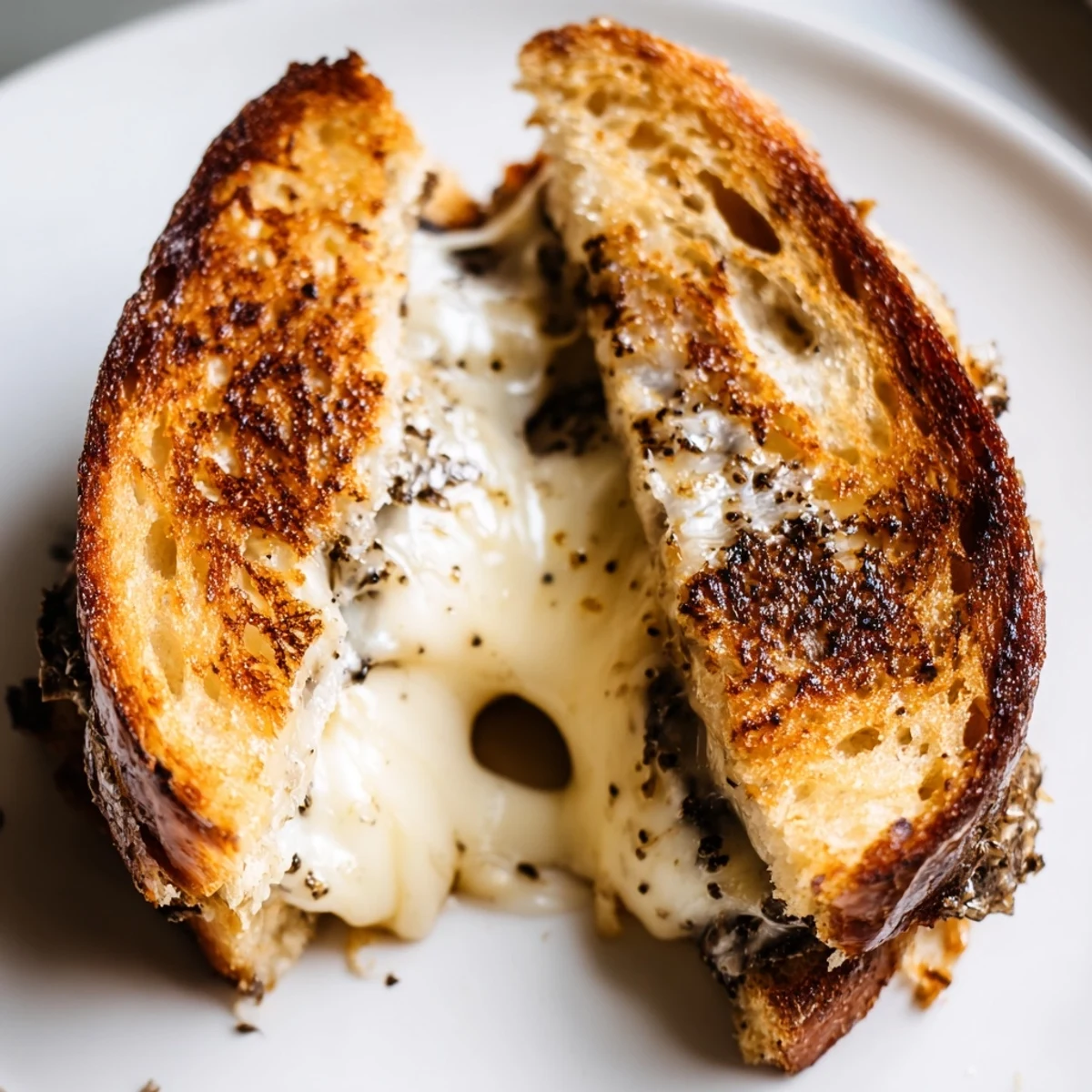 A close-up of the golden-brown Truffle Grilled Cheese sandwich, showcasing melty Gruyère and crispy sourdough bread.