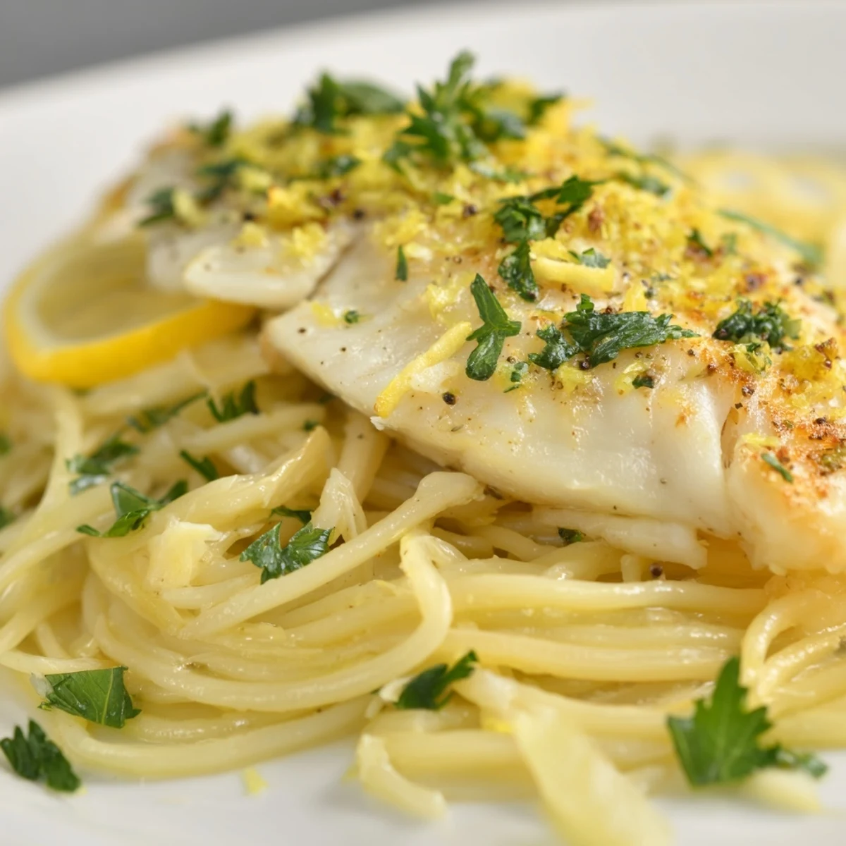 Golden grilled lemon bass fillet resting on a bed of spaghetti tossed in a vibrant lemon-butter sauce, garnished with fresh parsley and grated Parmesan.