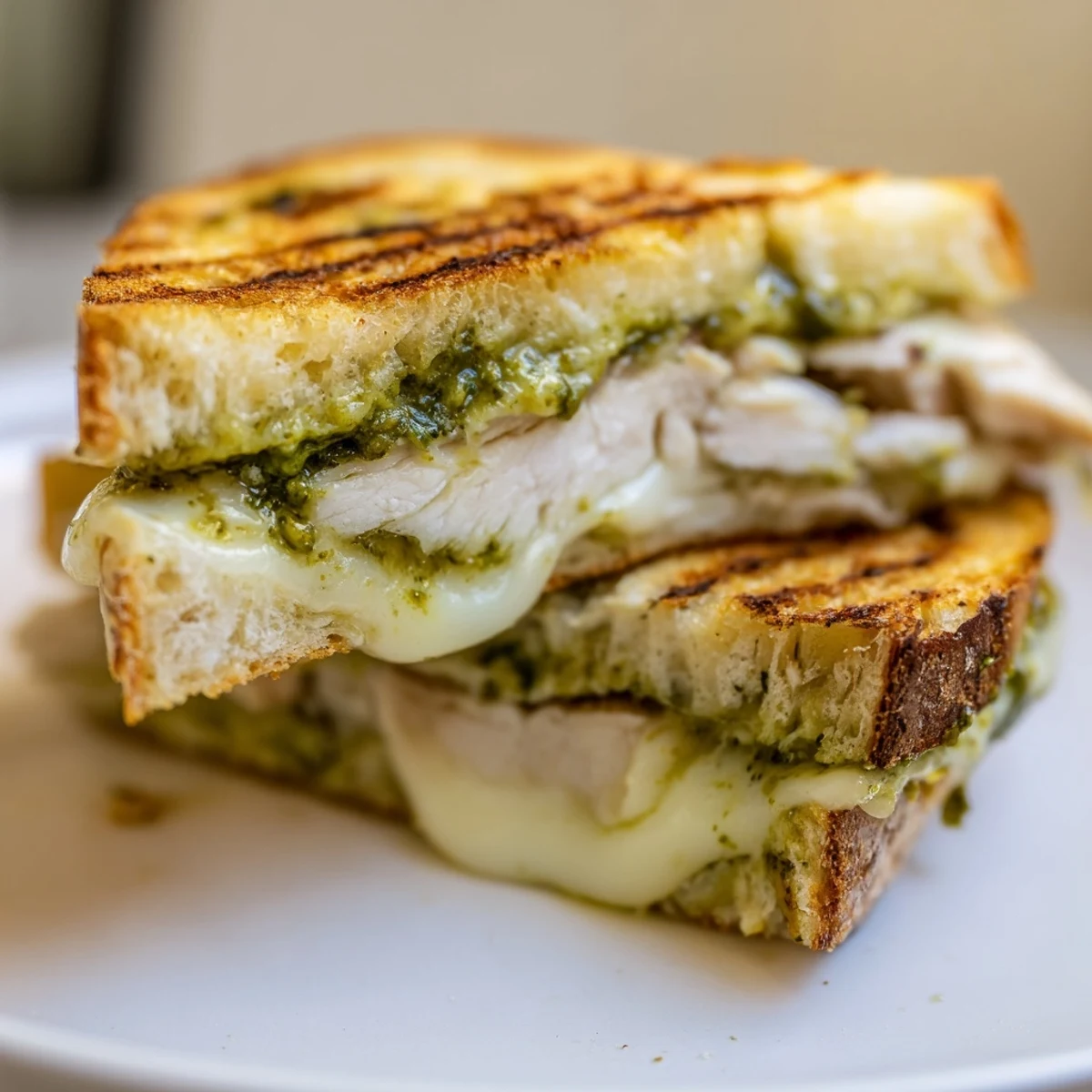 Sliced Ciabatta panini filled with grilled chicken, basil pesto, fresh mozzarella, and ripe tomato slices.