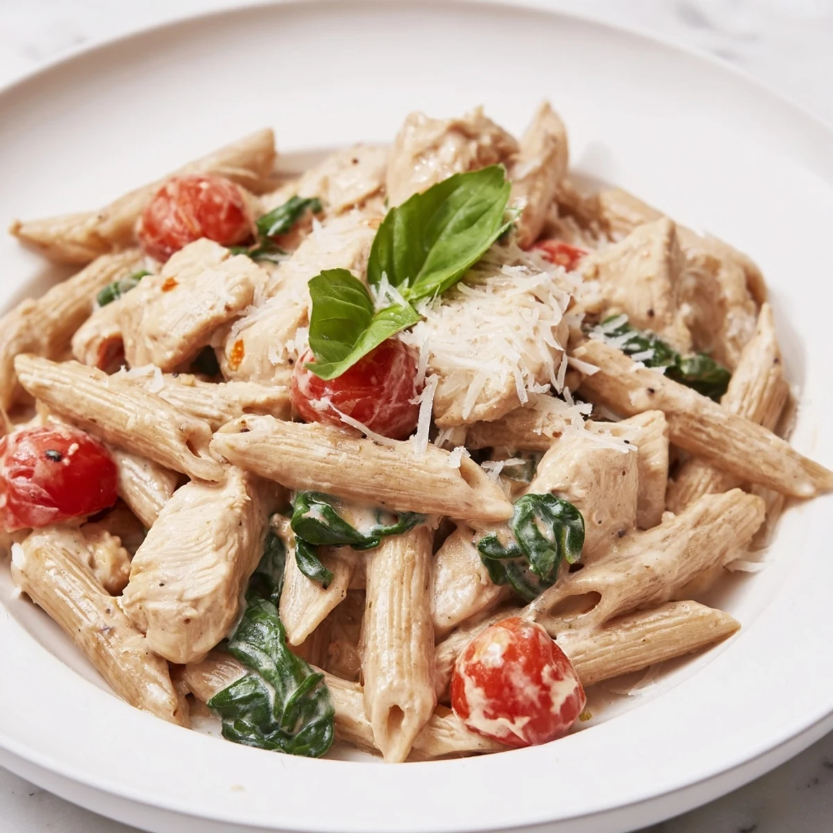 Creamy Greek Yogurt Chicken Pasta with tender chicken pieces and wilted spinach in a luscious, protein-rich sauce.