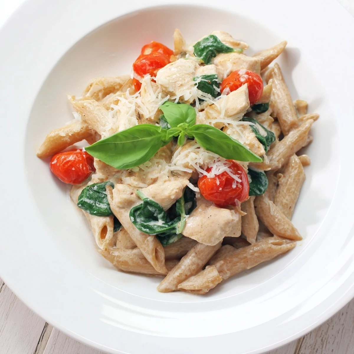 A comforting bowl of Greek Yogurt Chicken Pasta served with extra Parmesan and a bright squeeze of lemon.