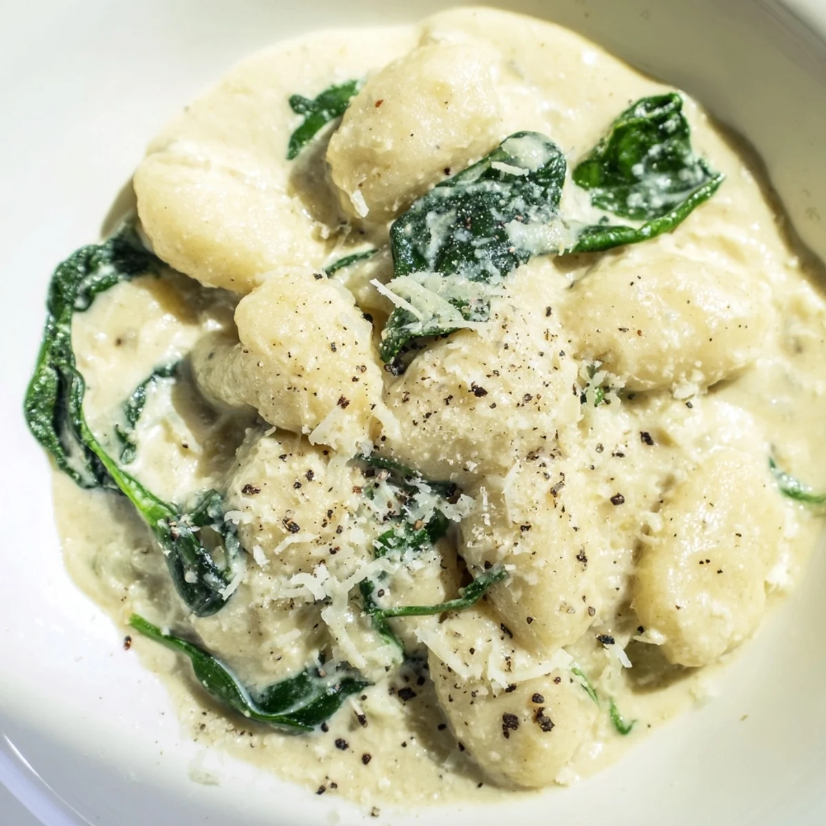 Steaming creamy garlic gnocchi with fresh spinach and grated Parmesan in a rustic skillet.