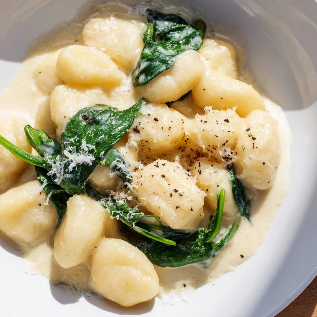 Tender gnocchi coated in a rich, velvety garlic cream sauce with wilted spinach leaves.