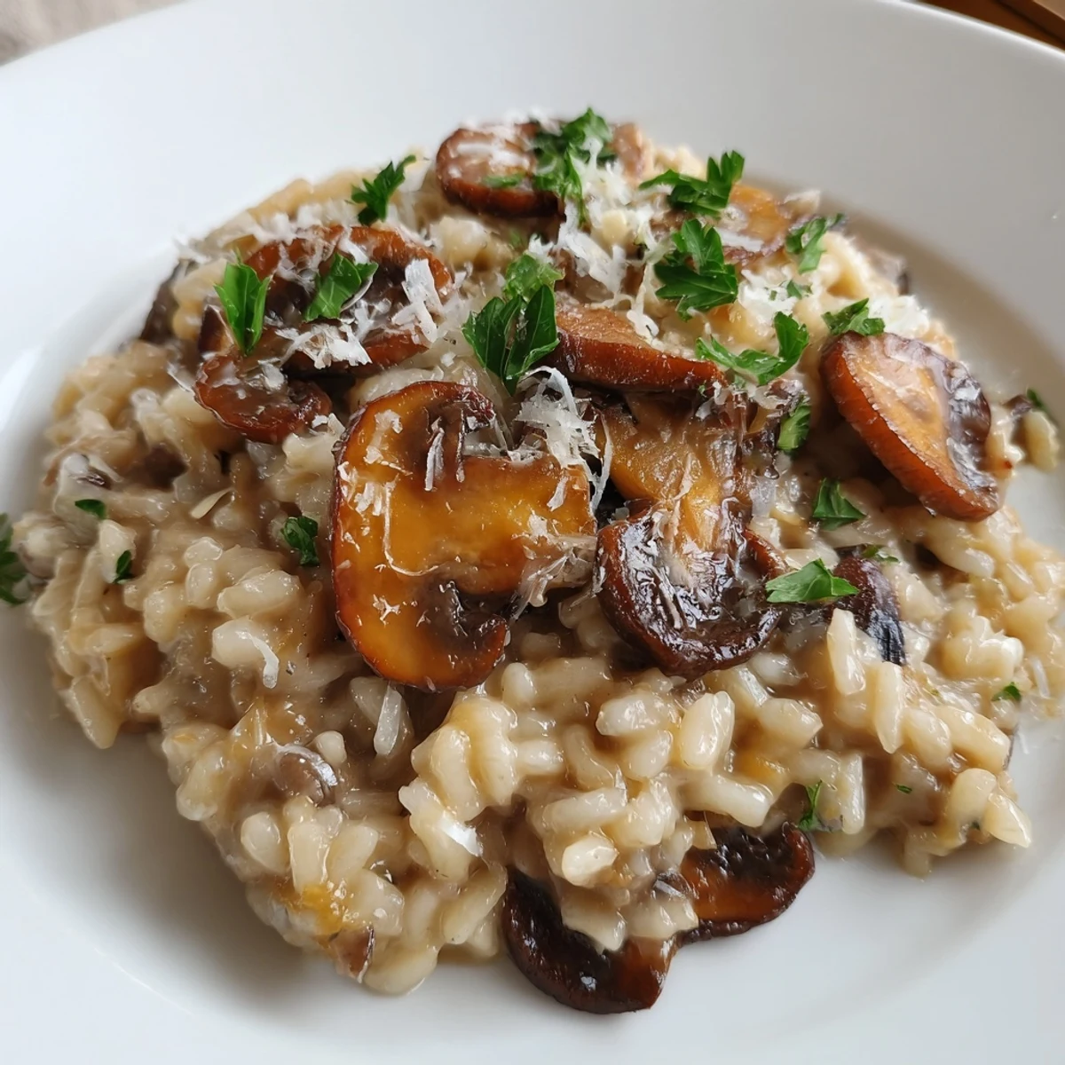 Creamy roasted mushroom risotto in a white bowl, garnished with fresh thyme and extra Parmesan for a comforting Italian dinner.