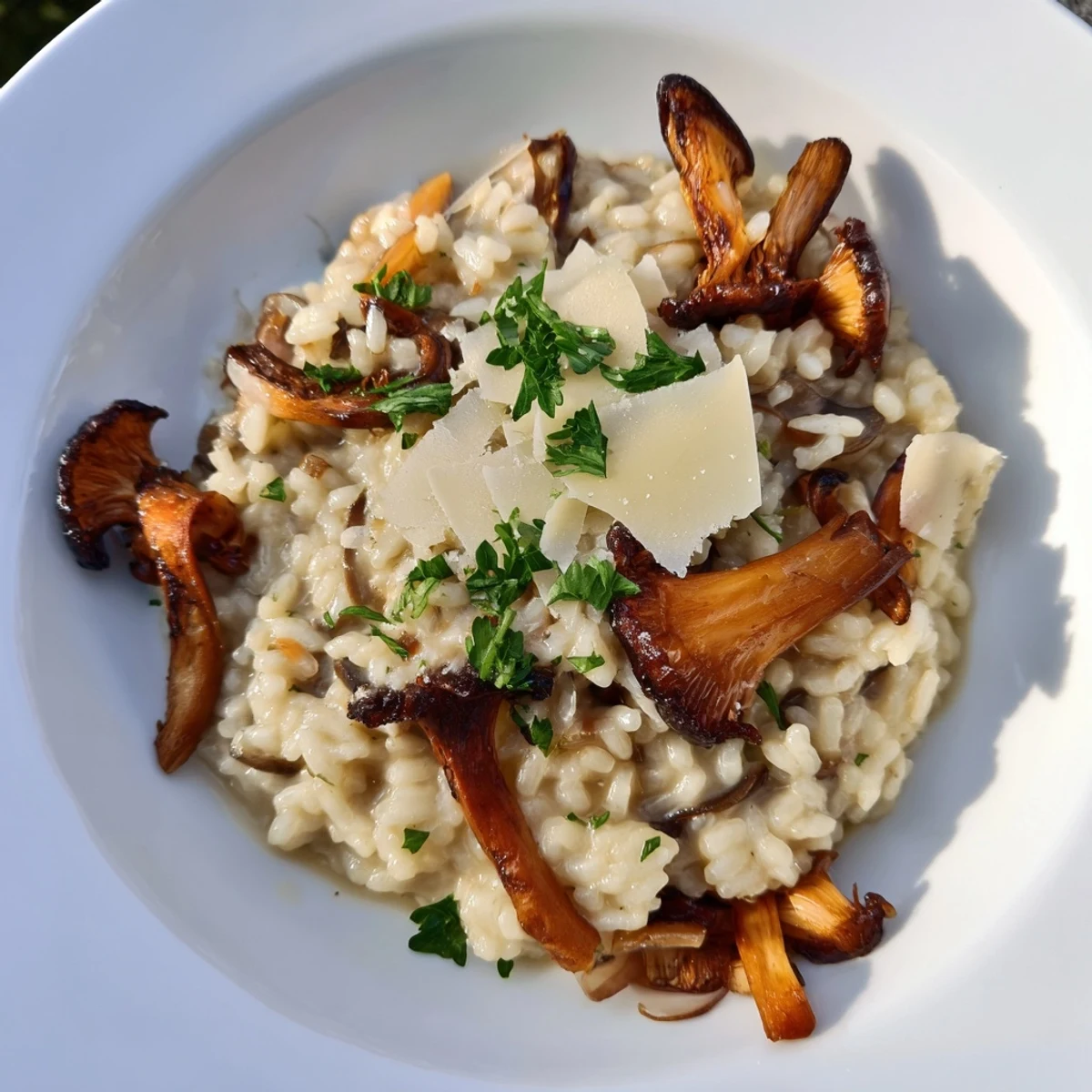 Savory, caramelized mushrooms top this creamy risotto, served hot and garnished with fresh parsley and grated Parmesan cheese.