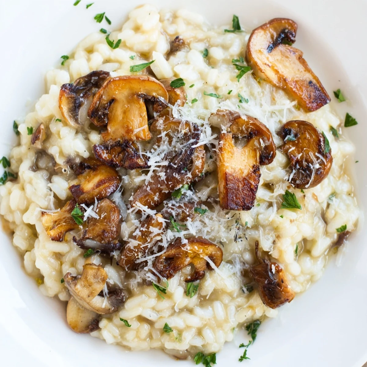 Golden roasted mushrooms and arborio rice create a rich, vegetarian risotto, perfectly paired with a glass of Pinot Grigio.