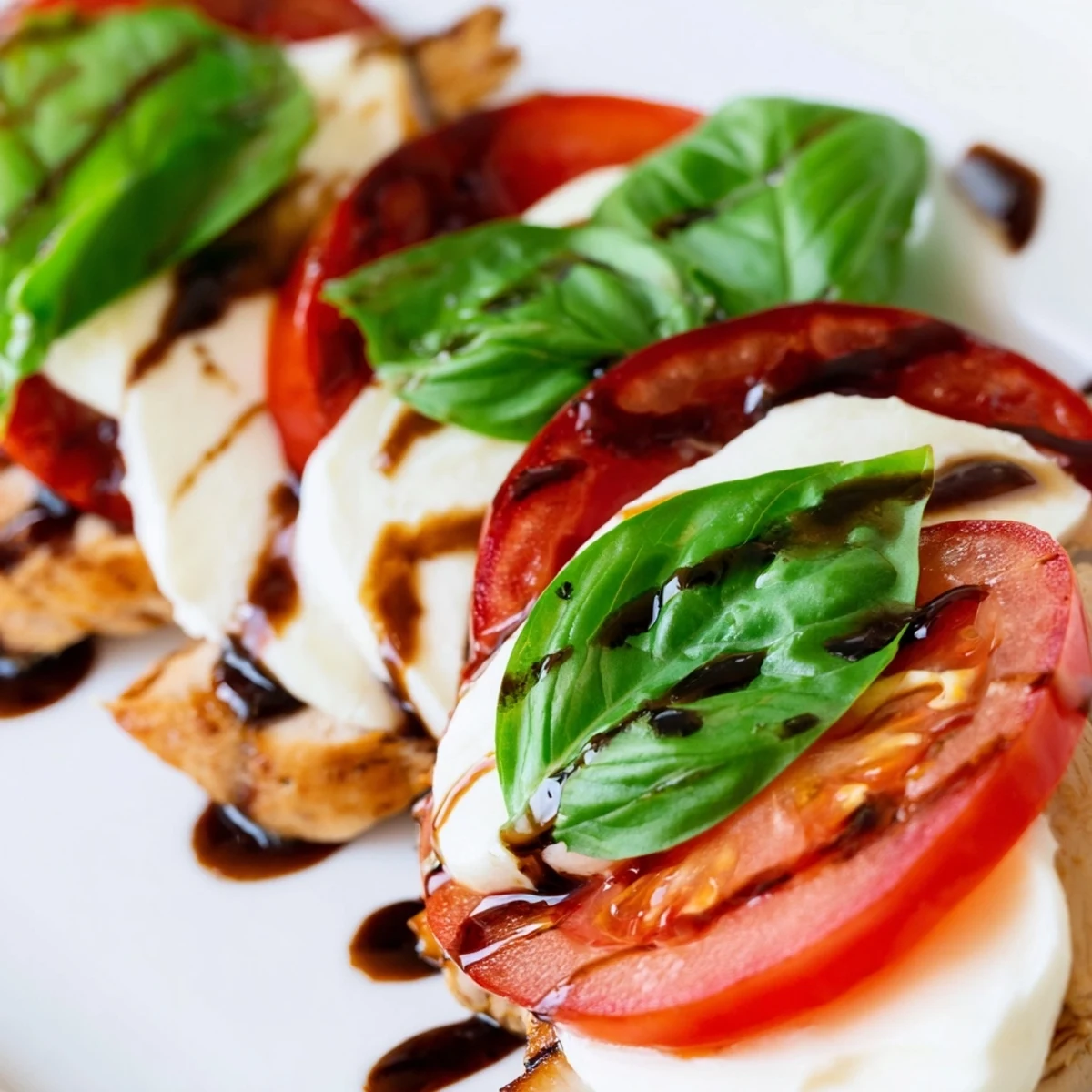 Sliced grilled chicken, ripe tomatoes, and fresh mozzarella garnished with basil on a platter, drizzled with balsamic glaze for a vibrant Chicken Caprese Salad.