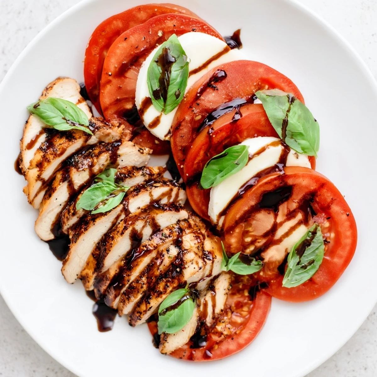 Juicy grilled chicken layered over creamy mozzarella and tomatoes with fragrant basil, topped with a balsamic drizzle in this fresh Chicken Caprese Salad.