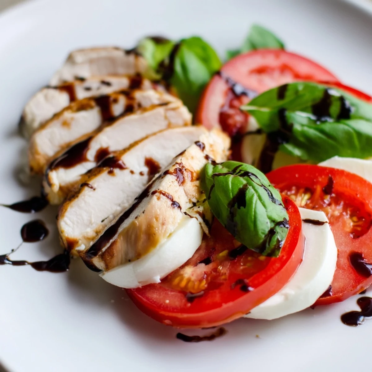 Colorful Chicken Caprese Salad with tender grilled chicken, vibrant tomatoes, and mozzarella, garnished with basil and ready to serve on a rustic dinner plate.
