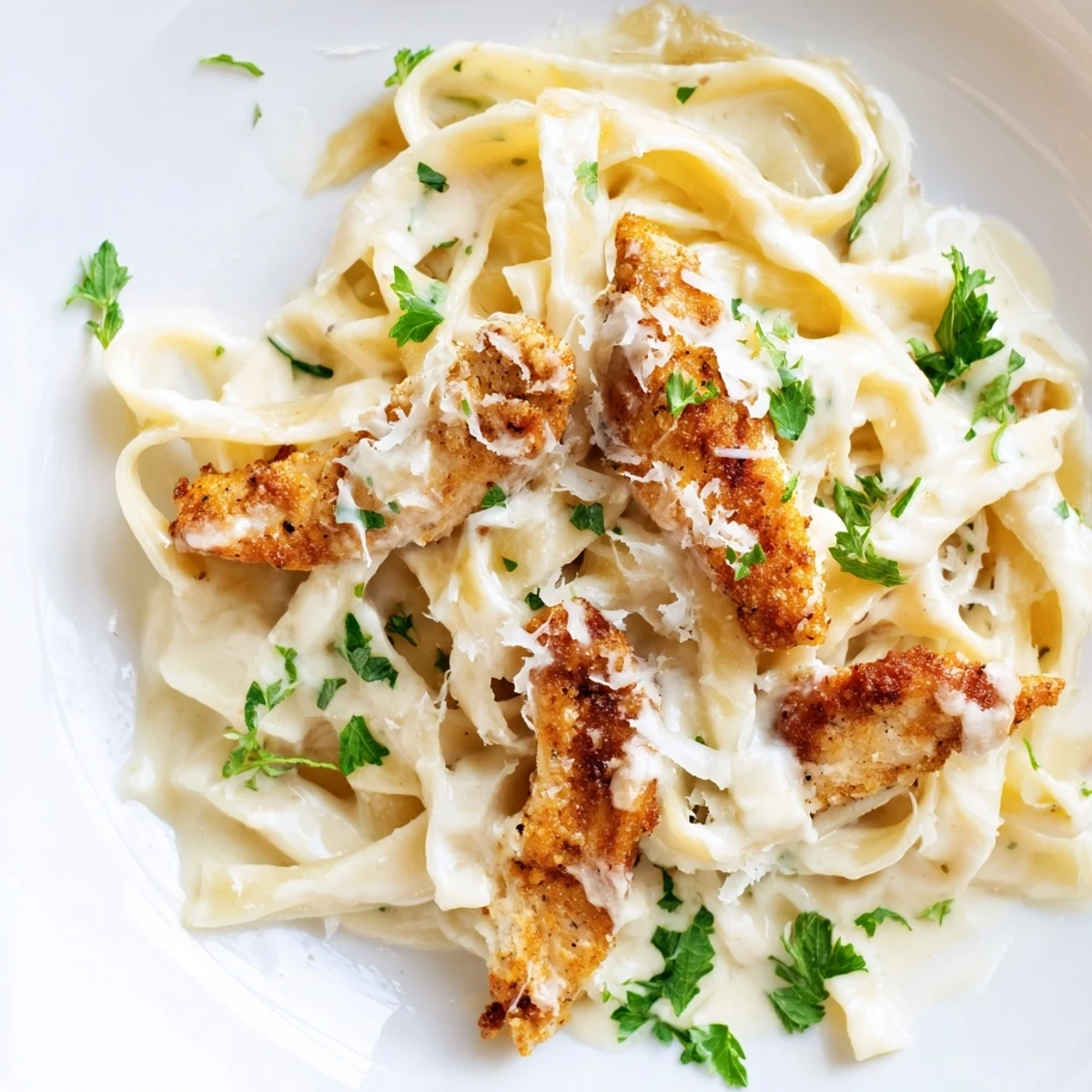 Freshly sliced Cajun chicken rests atop creamy Alfredo fettuccine, garnished with chopped parsley and extra Parmesan cheese.  