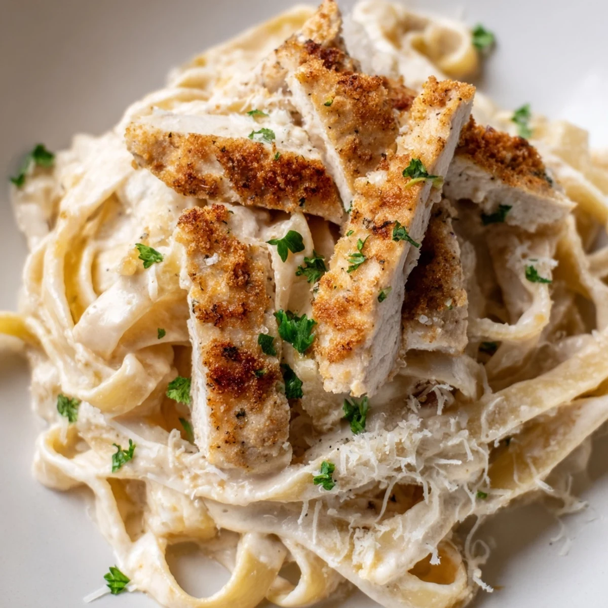 Creamy Cajun Chicken Alfredo pasta features tender chicken strips with spicy seasoning over a rich, velvety sauce.  