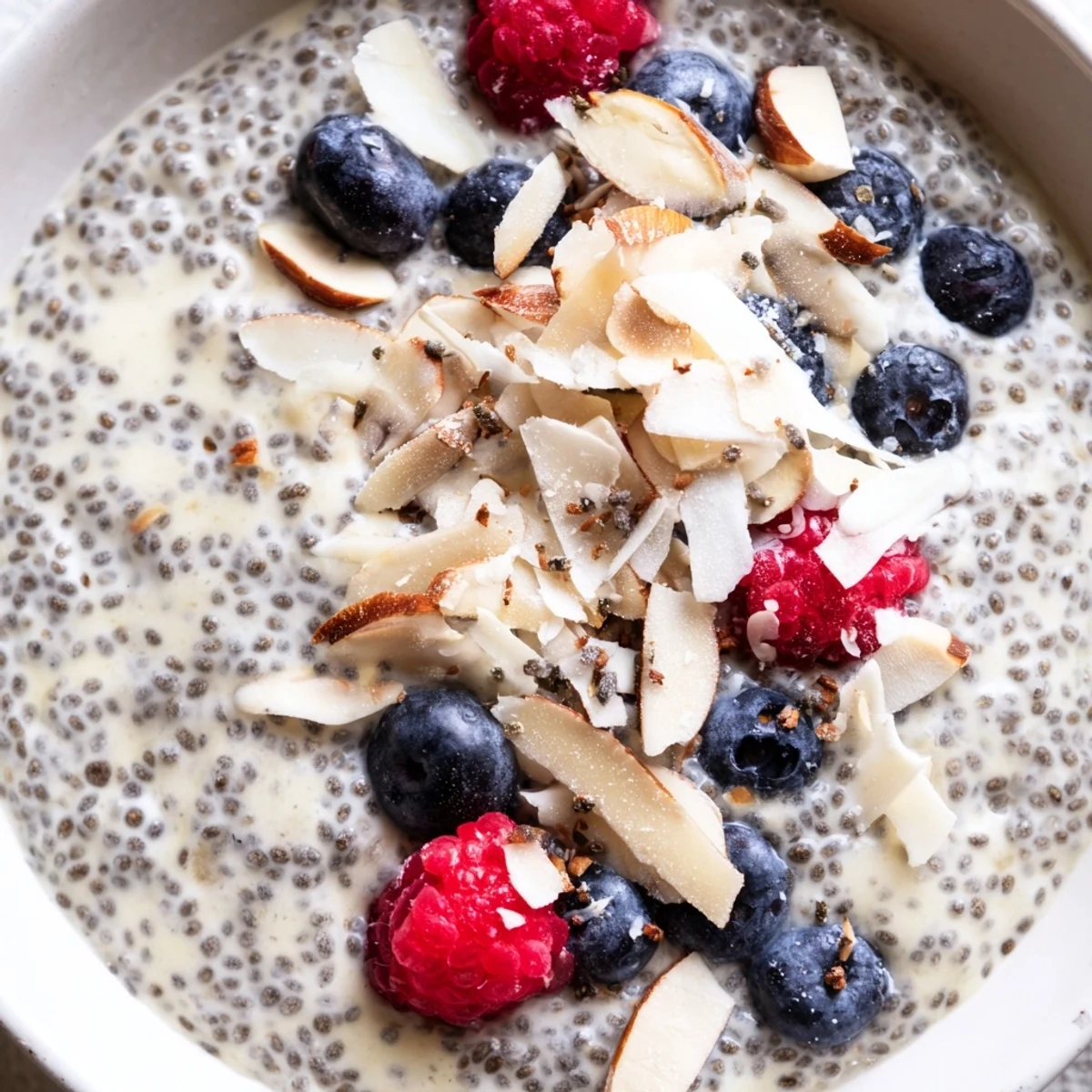 Creamy Poppy Seed Chia Pudding in a glass jar, topped with fresh blueberries, toasted almonds, and shredded coconut for a nourishing breakfast.  