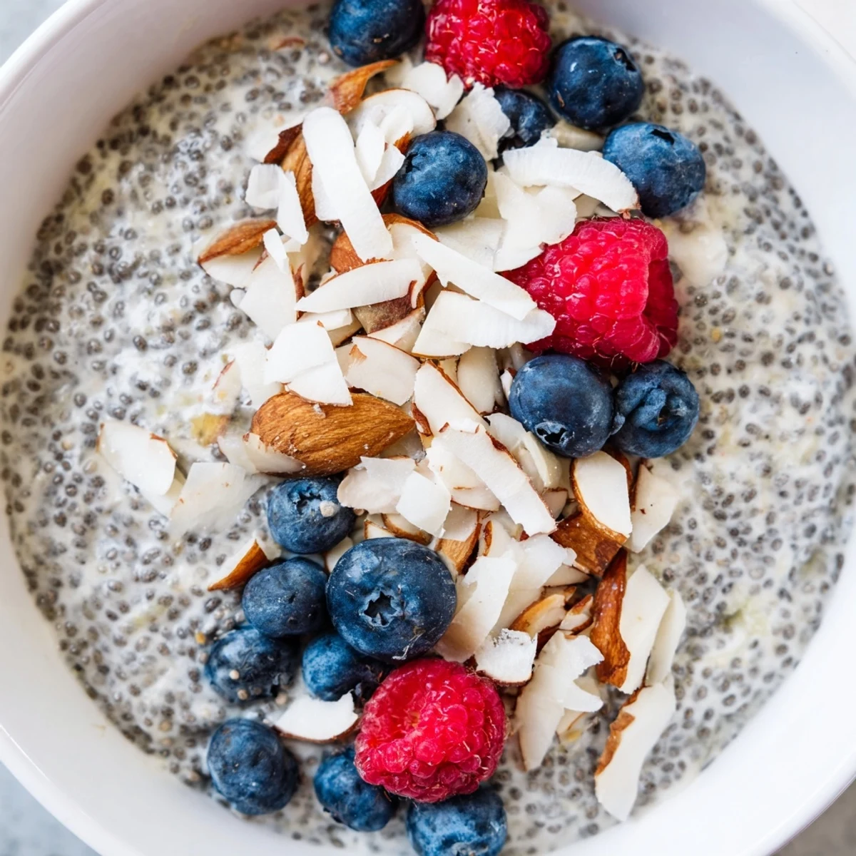 Overhead view of Poppy Seed Chia Pudding in bowls with vibrant raspberries and sliced almonds, served as a gluten-free snack.