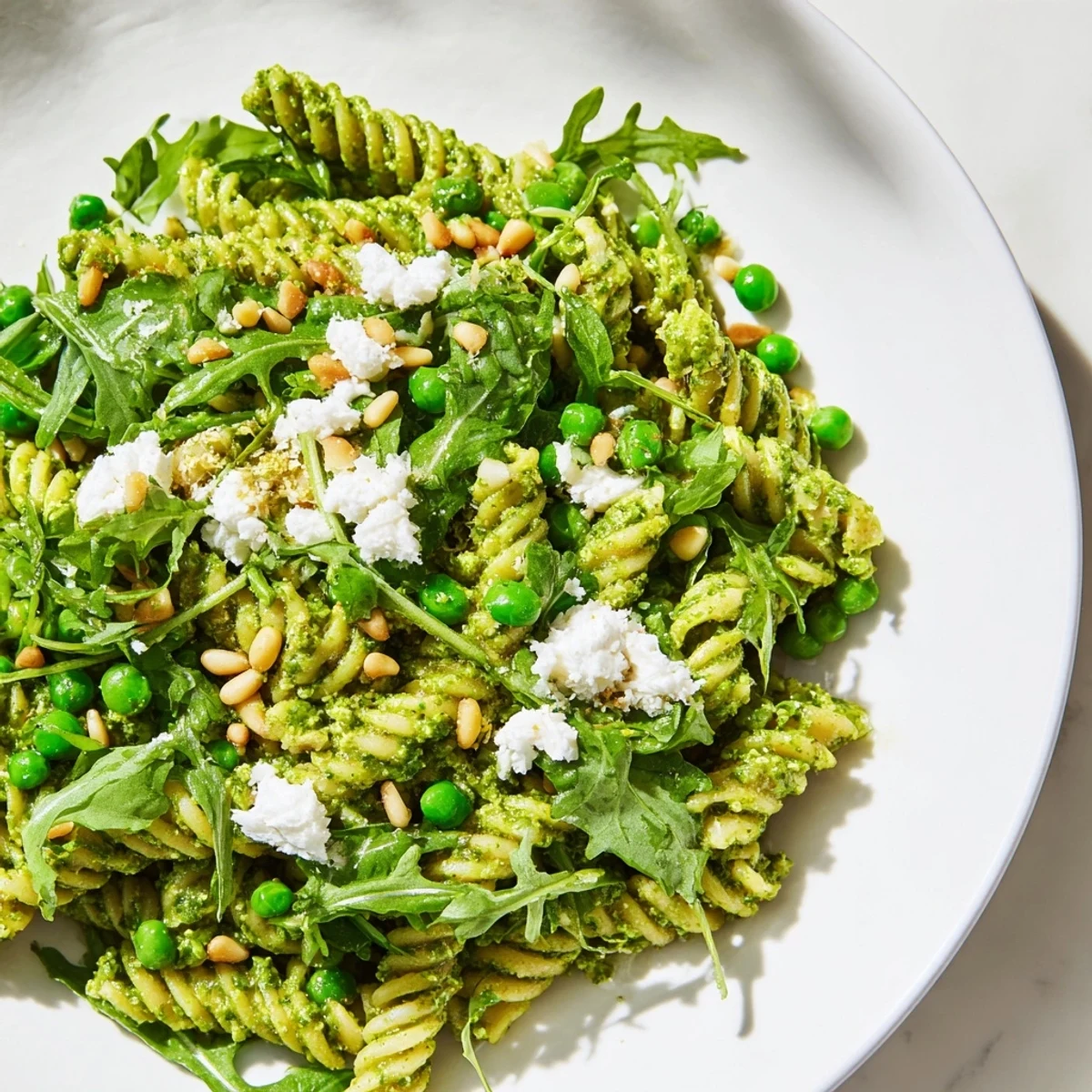 Golden bowtie pasta coated in homemade basil pesto, scattered with sweet peas, peppery arugula, and toasted pine nuts.