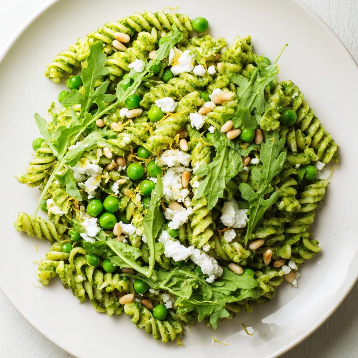 A vibrant bowl of Spring Green Pesto Pasta Salad featuring blanched peas, fresh greens, and a silky, bright dressing.