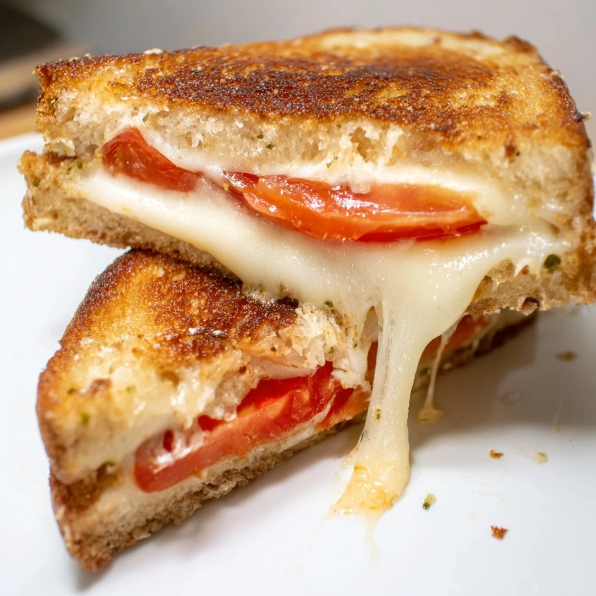 Golden-brown Pepper Jack & Tomato Grilled Cheese sandwich sliced in half, revealing melted cheese and fresh tomato layers on jalapeño-studded bread.  