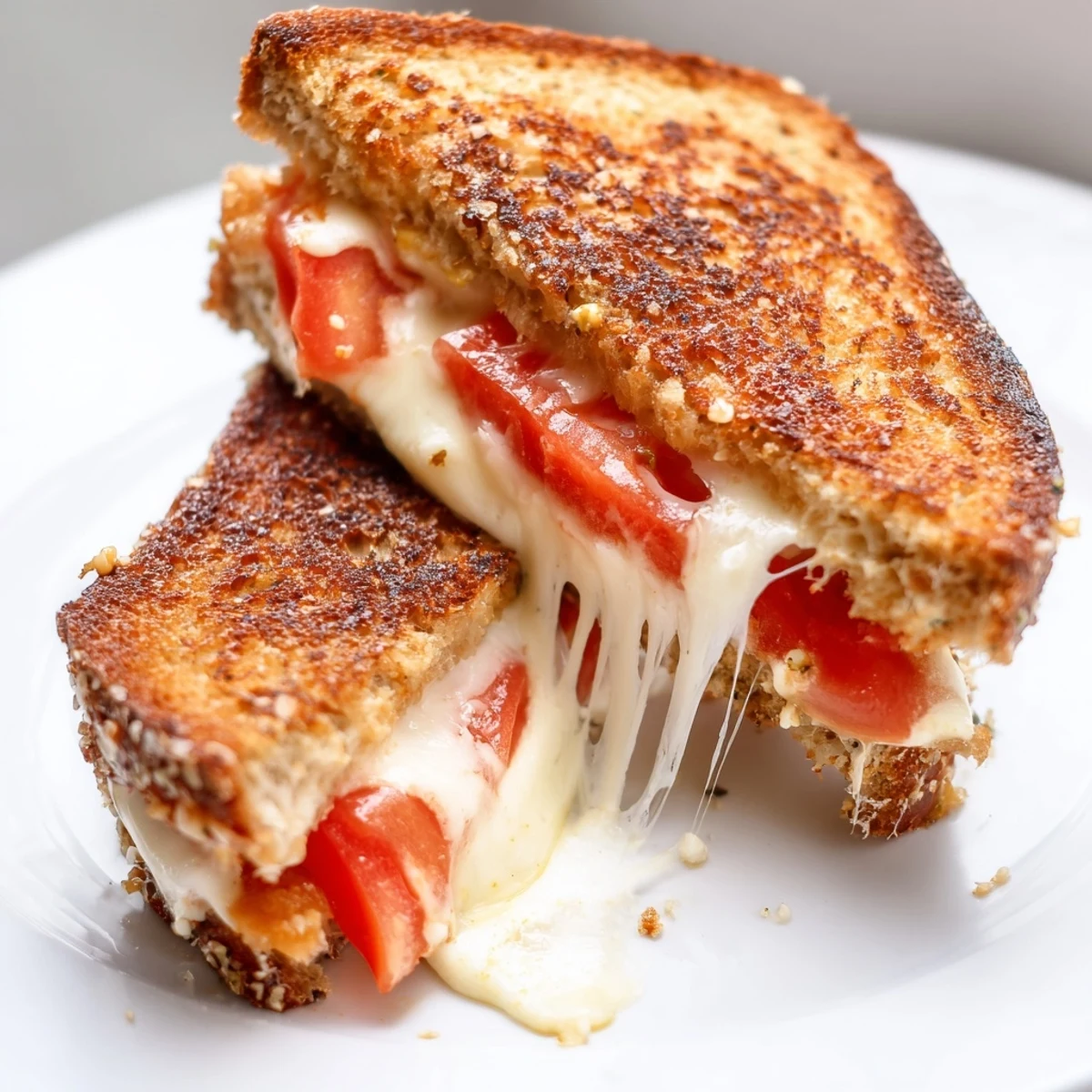 Close-up of a Pepper Jack & Tomato Grilled Cheese on a rustic board, with melted pepper jack oozing from the crispy crust.