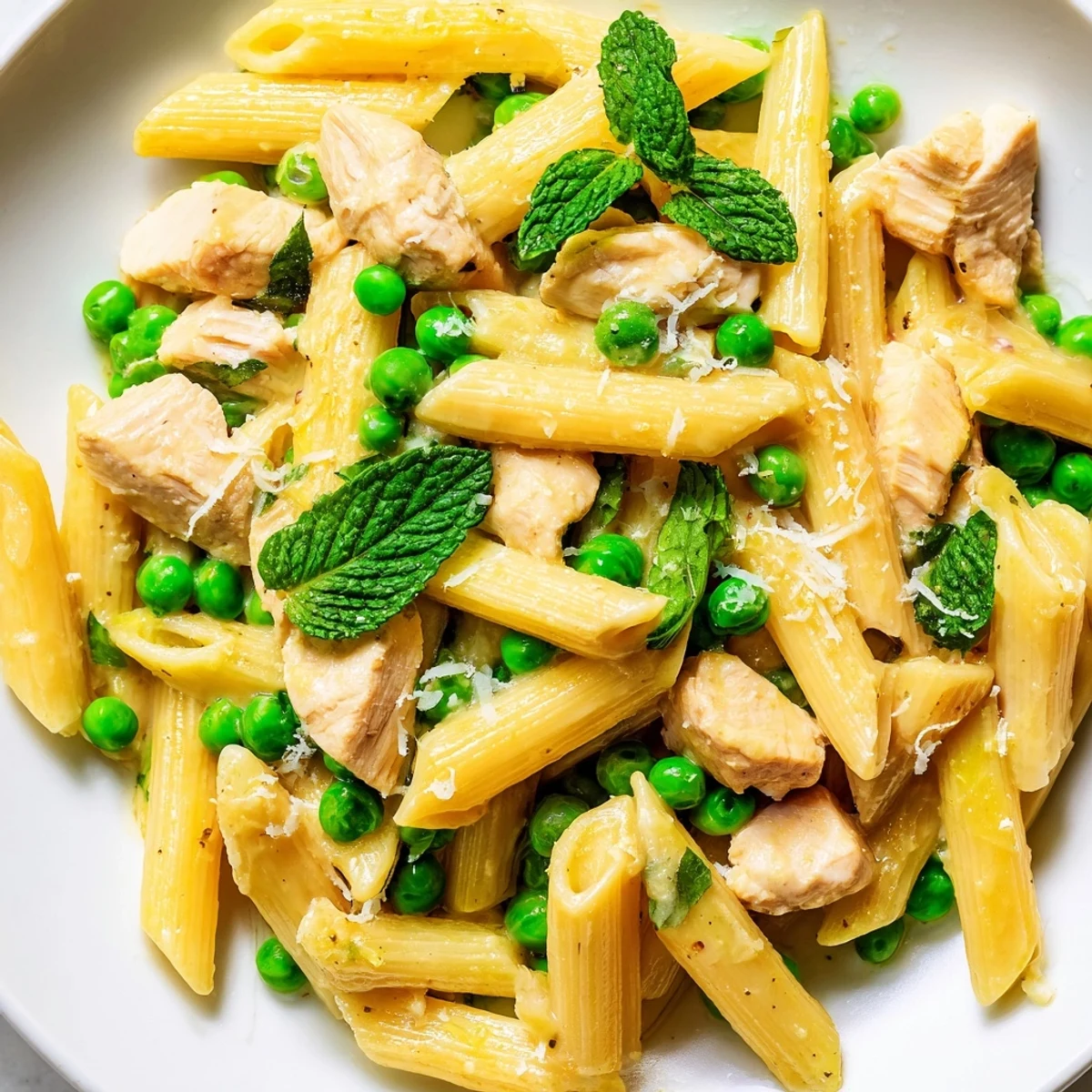 Freshly cooked Pea & Mint Chicken Pasta features golden chicken strips, vibrant green peas, and chopped mint tossed in a glossy lemon sauce.  