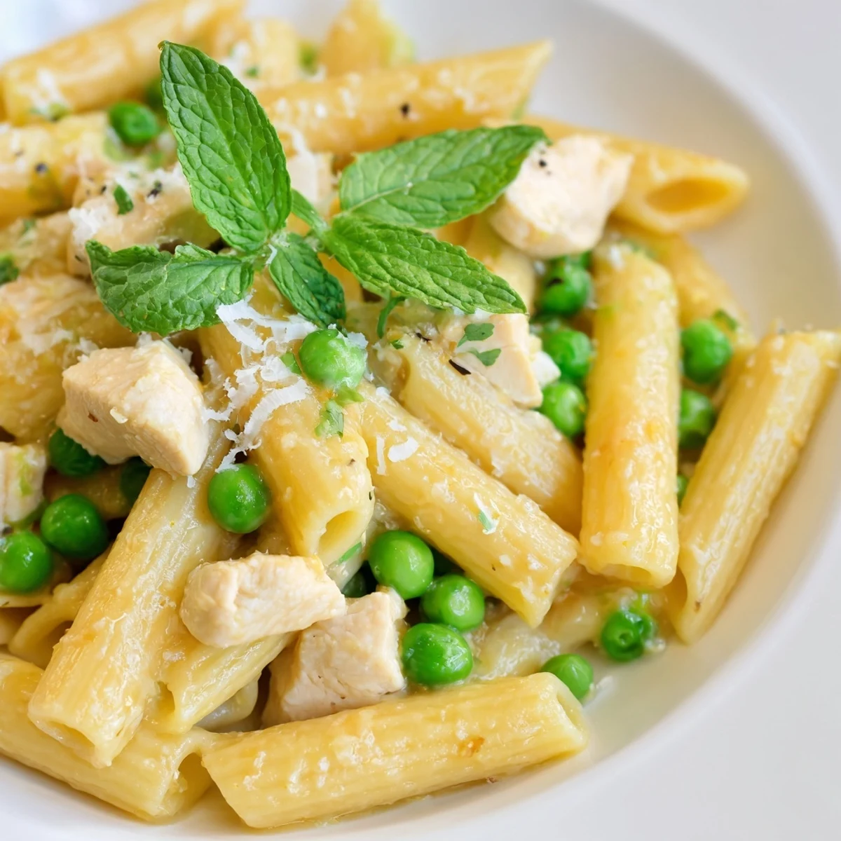 Savory Pea & Mint Chicken Pasta served with extra Parmesan and mint garnish, perfect for a spring weeknight dinner.