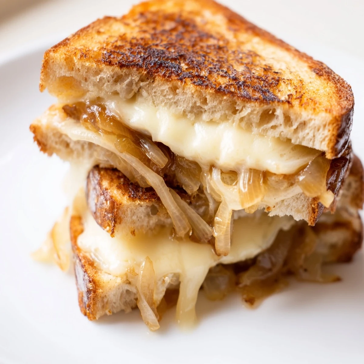 Golden, crispy country bread holds melted Gruyère and sweet caramelized onions in this gourmet grilled cheese sandwich, served warm.