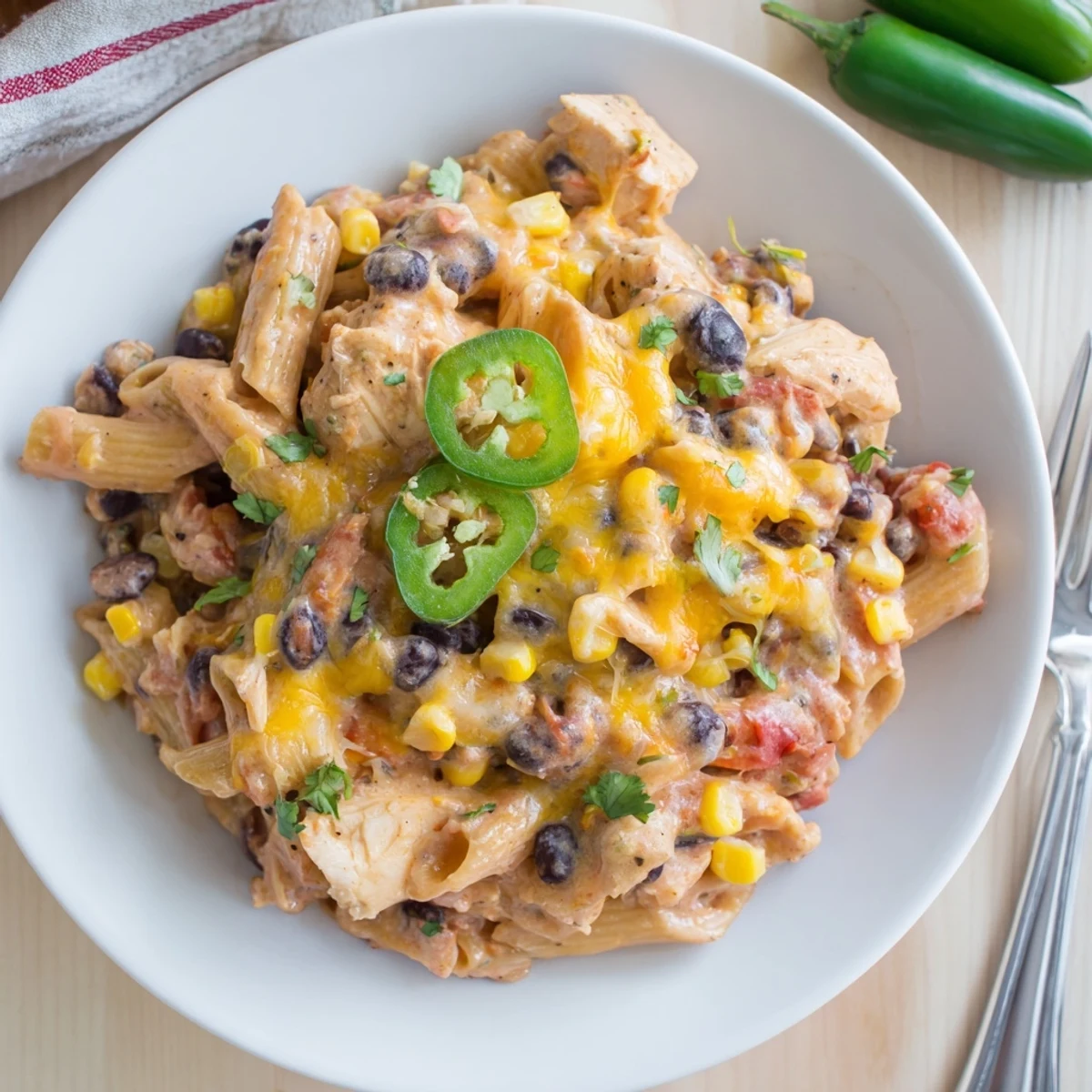 This golden-baked Chicken Burrito Pasta Bake is bubbling with melted cheddar and Monterey Jack.