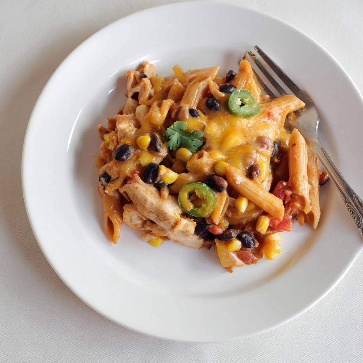 Sizzling Chicken Burrito Pasta Bake topped with cilantro and jalapeños, served with lime wedges.