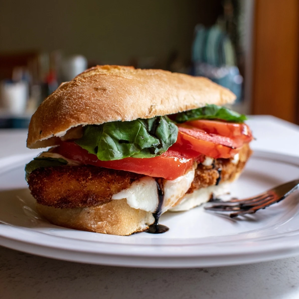 Golden, breaded chicken cutlets topped with melted mozzarella on toasted ciabatta for a Crispy Chicken Caprese Sandwich.