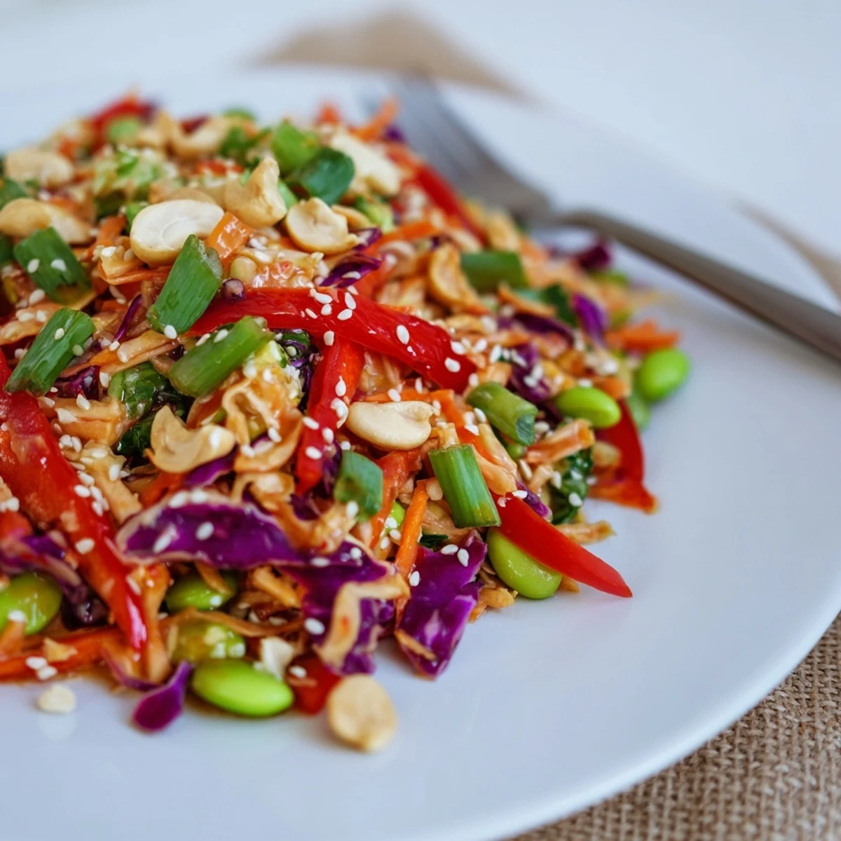 Edamame Crunch Chicken Salad tossed with green and red cabbage, edamame, and red bell pepper, dressed in a homemade ginger soy vinaigrette.
