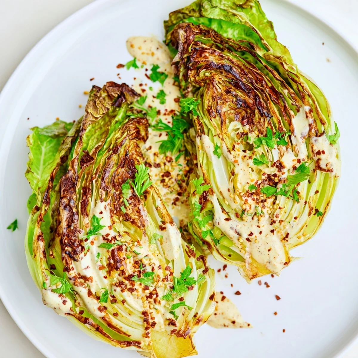 Golden-brown roasted cabbage wedges on a baking sheet, brushed with olive oil and ready for the oven.