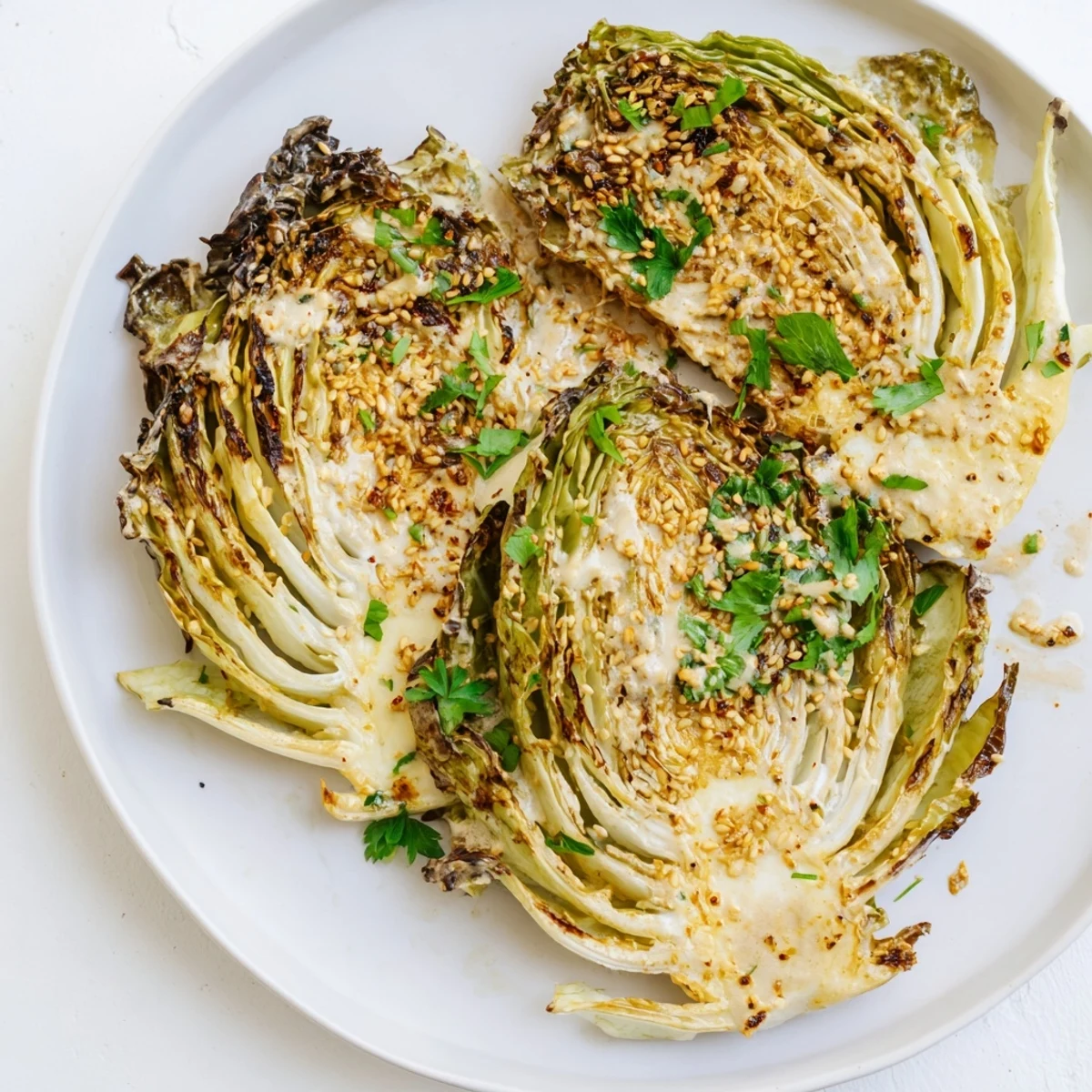 Plated roasted cabbage wedges garnished with parsley and sesame seeds, served warm as a healthy vegan side dish.