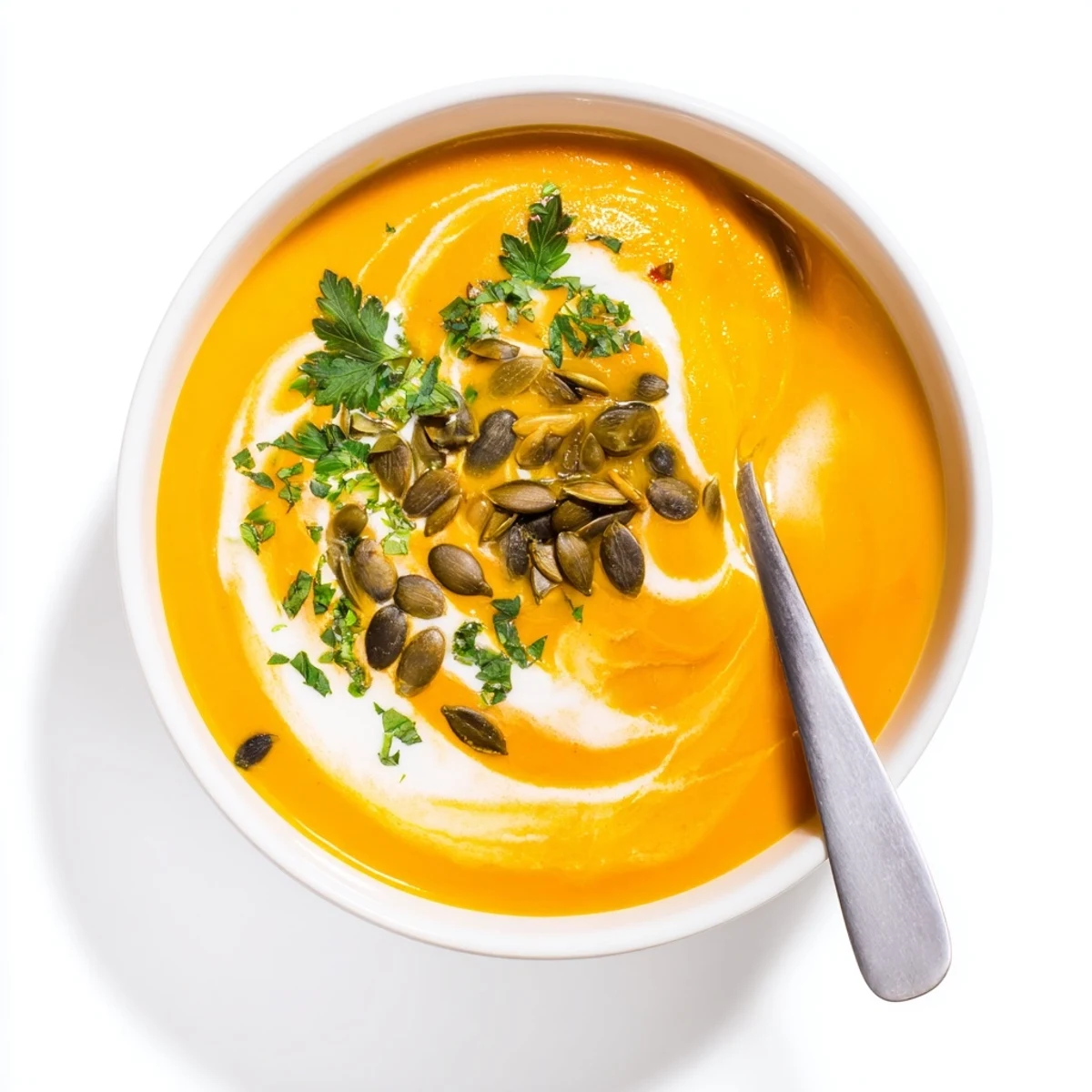 A warm bowl of butternut squash soup garnished with pumpkin seeds and a swirl of coconut milk, ready to serve.