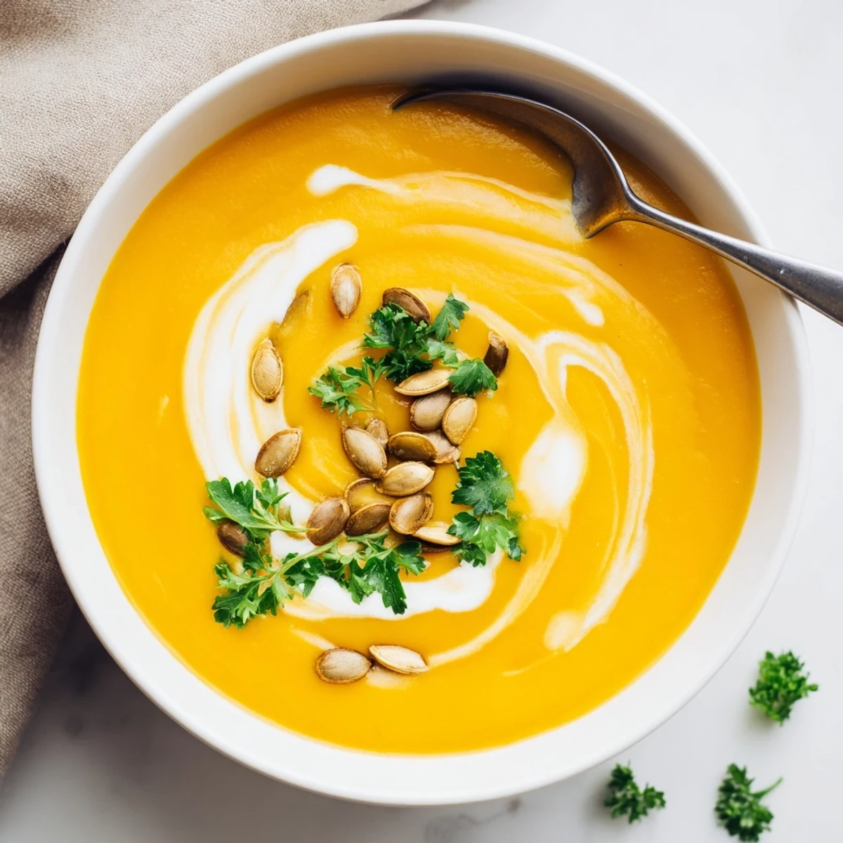 Creamy butternut squash soup with roasted chunks and fresh parsley, showcasing its velvety texture in a rustic bowl.