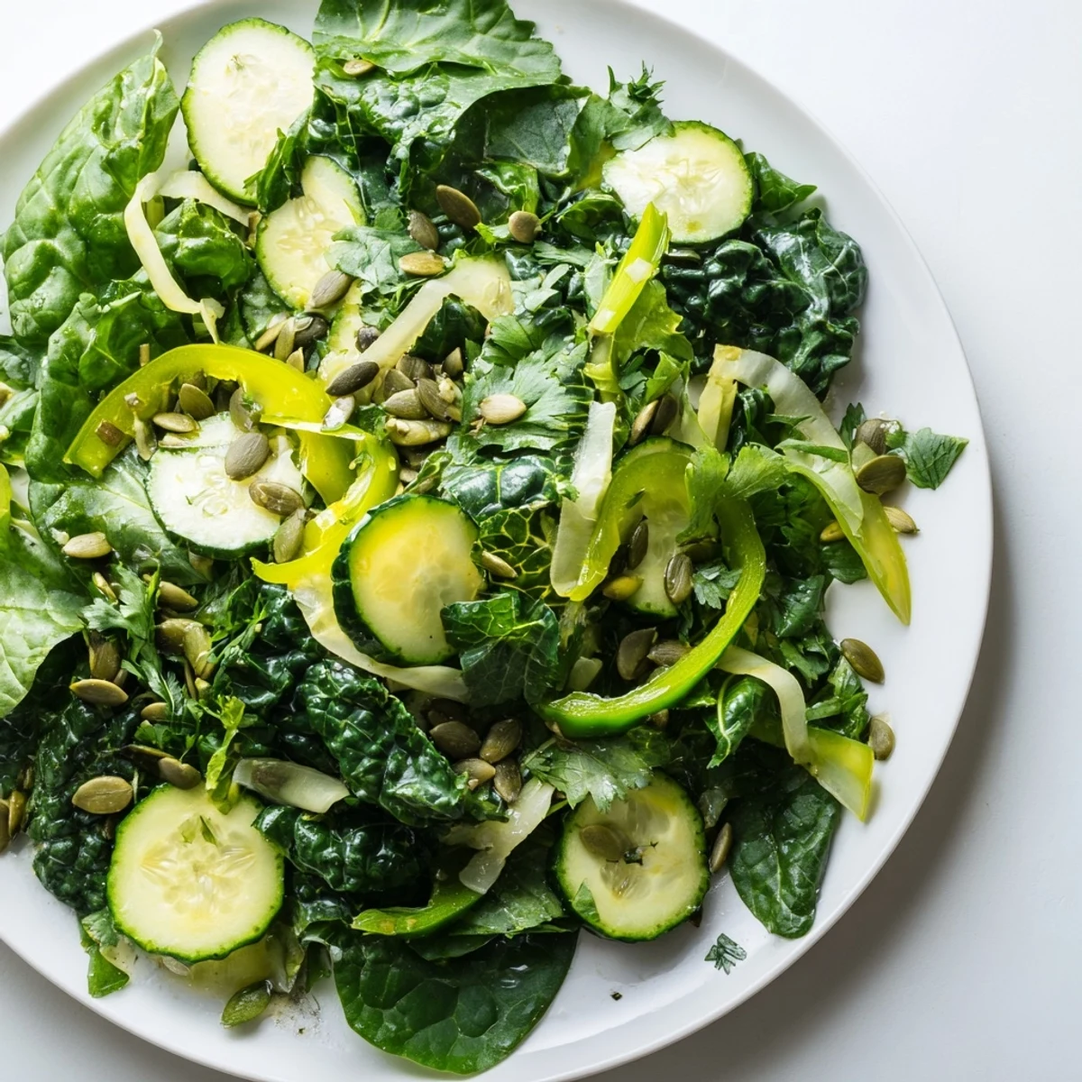 A vibrant Glowing Green Salad with crisp greens, cucumber, celery, and a zesty lemon vinaigrette, served fresh.
