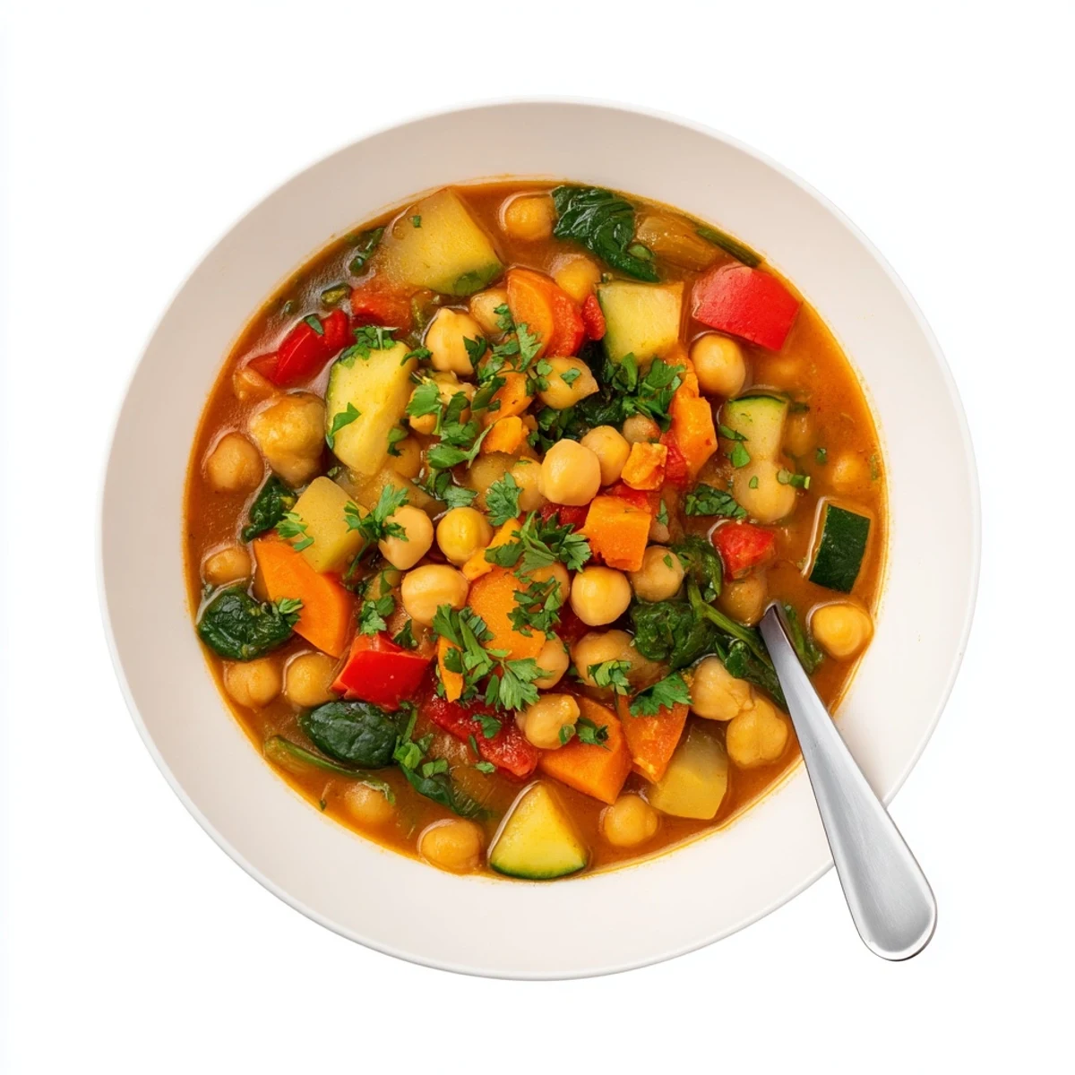 A comforting pot of Spicy Chickpea Stew simmering with diced tomatoes, red bell peppers, and aromatic spices like cumin and paprika.