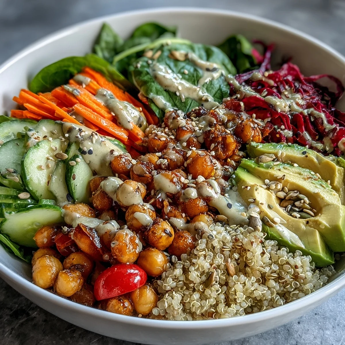 A vibrant Rainbow Buddha Bowl with Quinoa topped with chickpeas, avocado, and fresh vegetables, drizzled with creamy tahini dressing for a healthy meal.