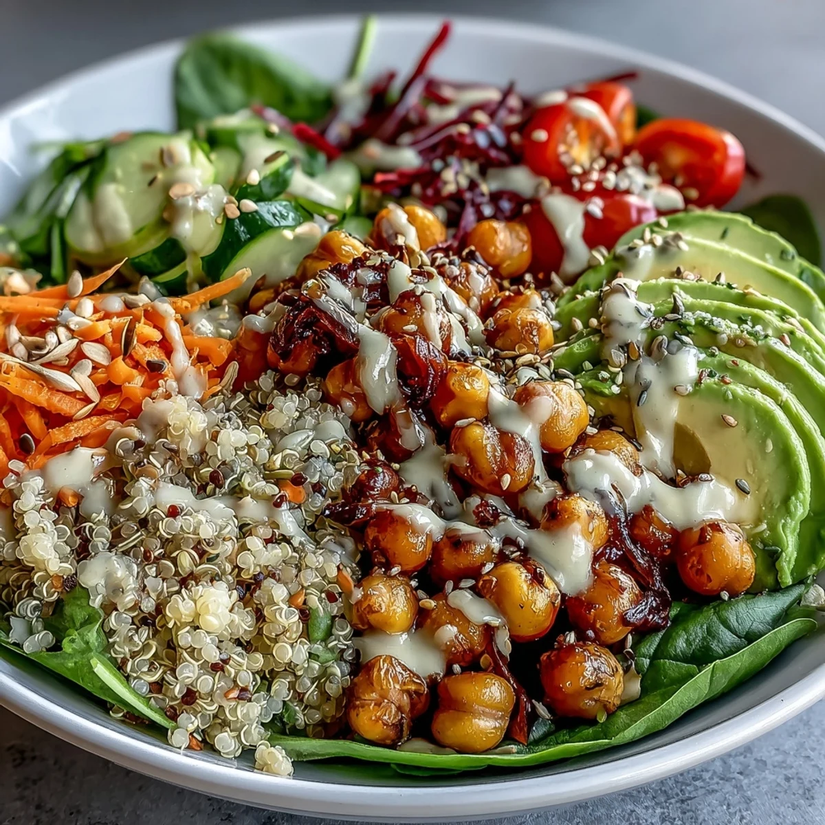 The finished Rainbow Buddha Bowl With Quinoa features colorful ingredients in neat sections on a white plate, garnished with seeds and a light drizzle.