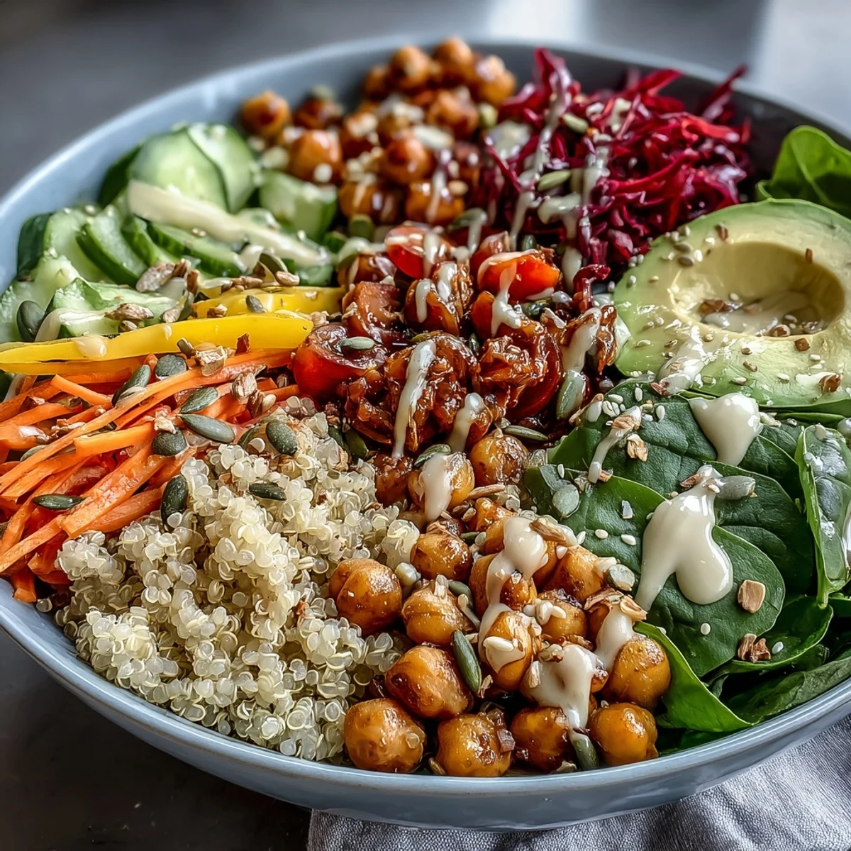 Enjoy this wholesome Rainbow Buddha Bowl With Quinoa, a nourishing vegetarian lunch or dinner loaded with crisp veggies and creamy avocado slices.