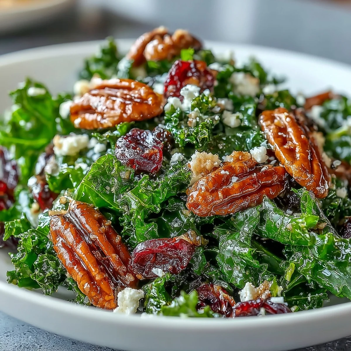 Hearty warm kale salad with maple mustard dressing, toasted pecans, and vibrant red onion.